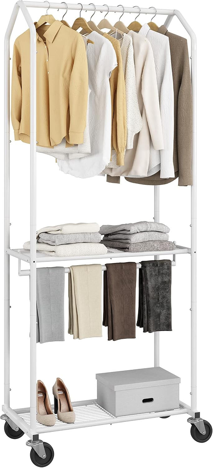 Simple Trending Clothes Garment Rack, Heavy Duty Commercial Grade Clothing Rolling Rack on Wheels and Bottom Shelves, White
