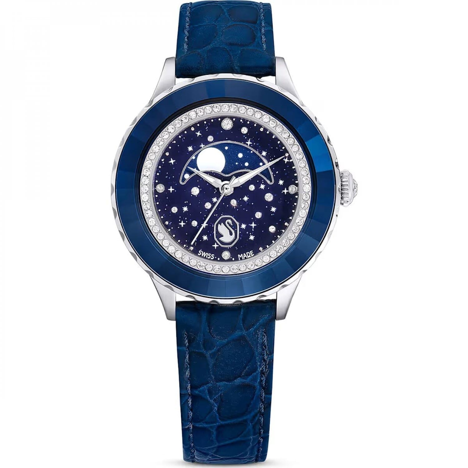 Swarovski Octea Moon Watch, Swiss Made, Moon, Leather Strap, Blue, Blue Finish