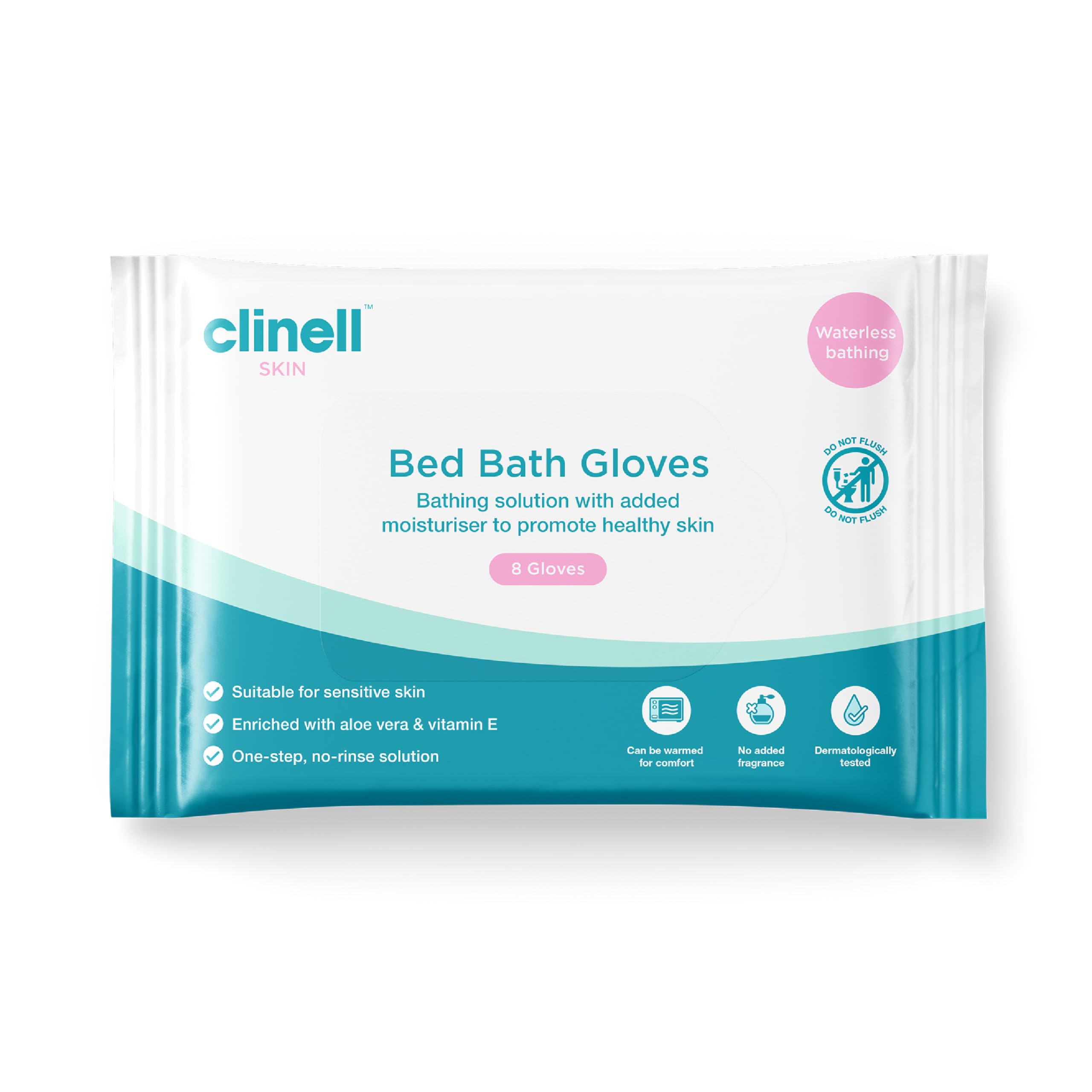 Clinell Skin Bed Bath Gloves - Pack of 8 Gloves - Easy to use, Containing Aloe Vera, Dermotologically Tested, Alcohol-Free, Gentle pH Neutral Formula