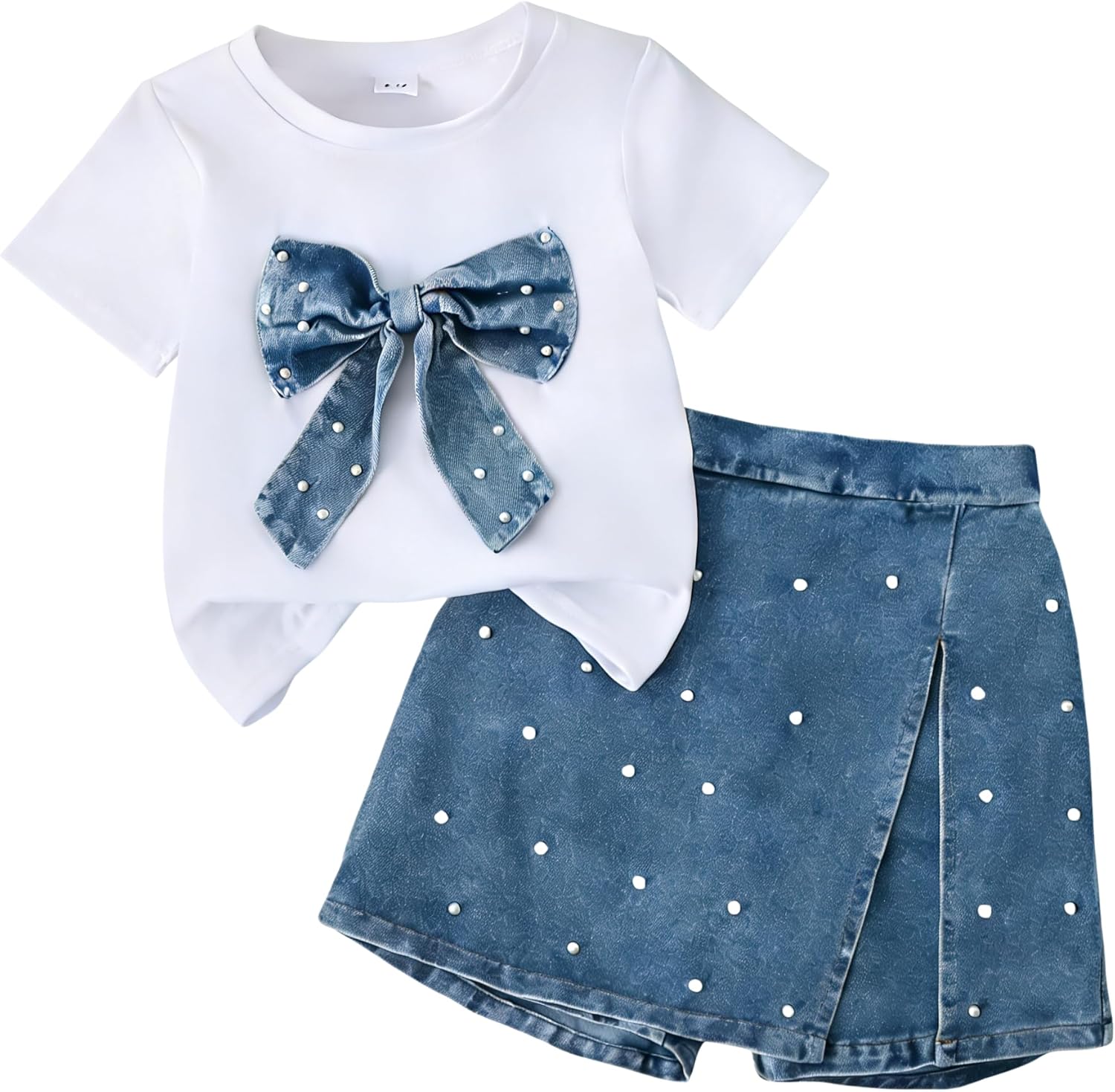 6-12Y Girls Summer Clothes Short Sleeve Bow Print T-Shirt Denim Skirt Shorts Set Tween Girls Outfits Set
