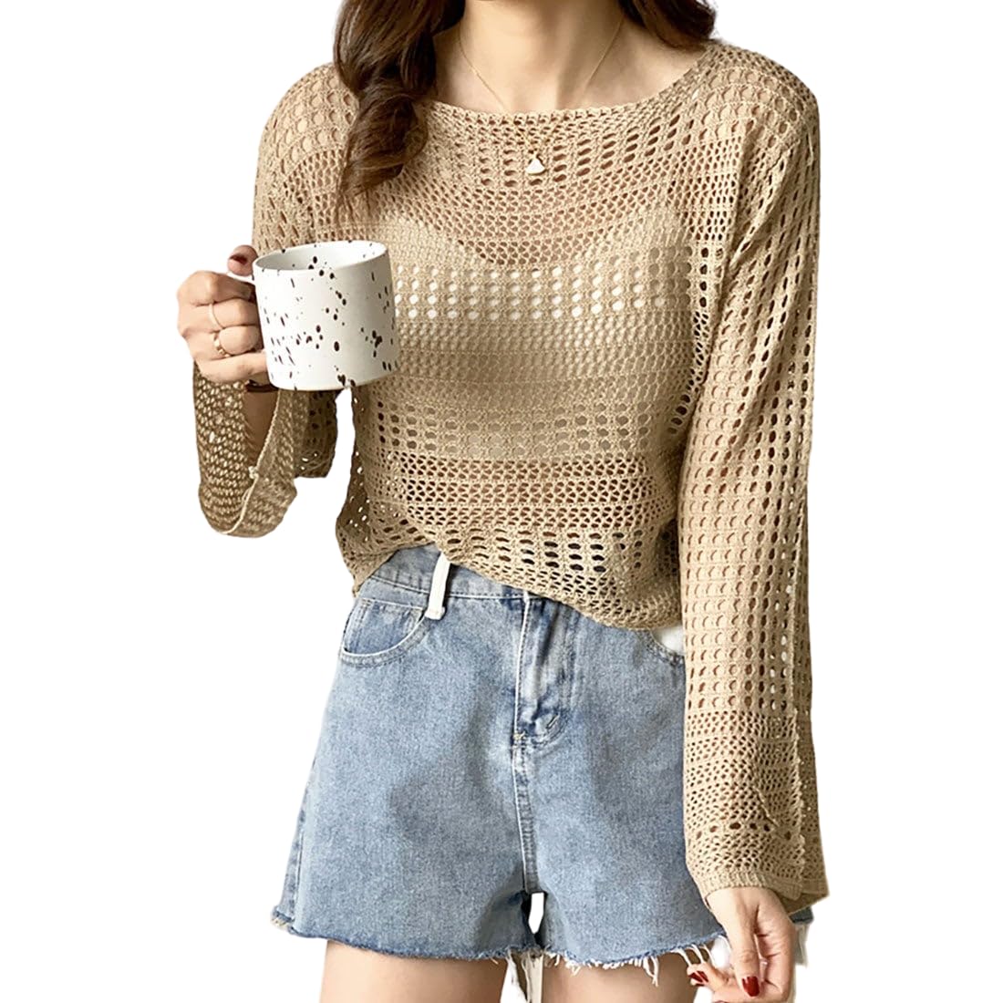 CRAMPLE® Women Short Openwork Sunscreen Knitted Pullover for Summer Seaside Resort – Long-Sleeve Sweater Top CRAMPLE® Women Short Openwork Sunscreen Knitted Pullover for Summer Seaside Resort – Long-Sleeve Sweater Top