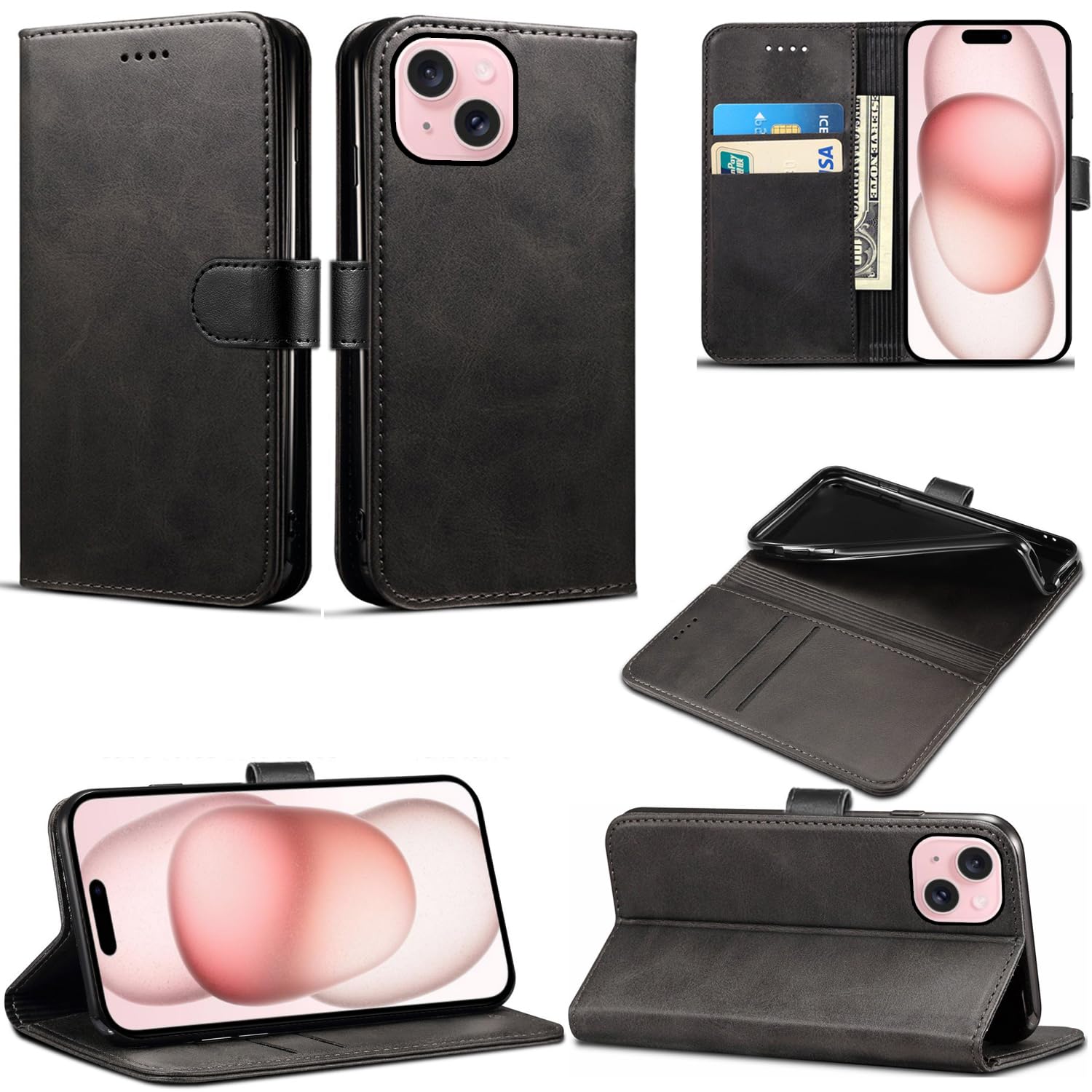EKAM Funda Compatible Con IPhone 15 Plus De Piel Tipo Cartera Tipo Libro Flip Folio Stand View Cover Cierre Magnético Con Ranuras Para Tarjetas Para IPhone 15 Plus [6.7 Pulgadas] (negro