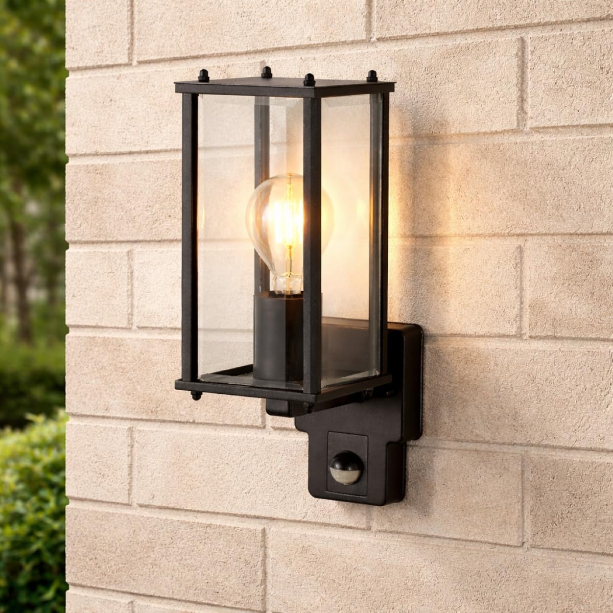 CGC Lighting Outdoor Outside Wall Light Mains Power Bevelled Glass Coach Lantern Porch Garden Decorative Lamp Fixture Waterproof (Black PIR)