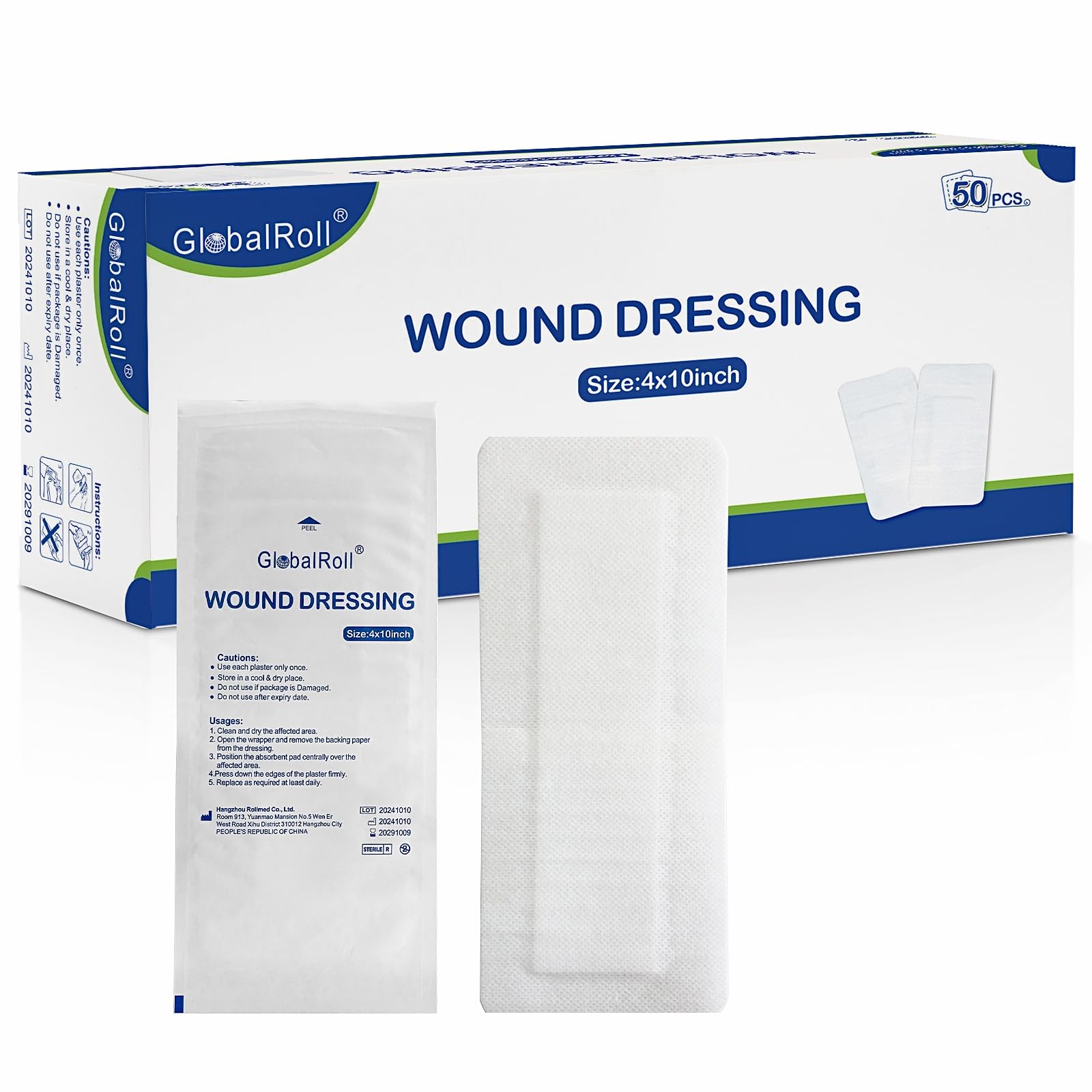 GlobalRoll Island Dressing Bordered Gauze 4"x10", 50 Individually Packed Non-Stick Pad in Center with Adhesive Border,Soft Absorbent Medical Grade