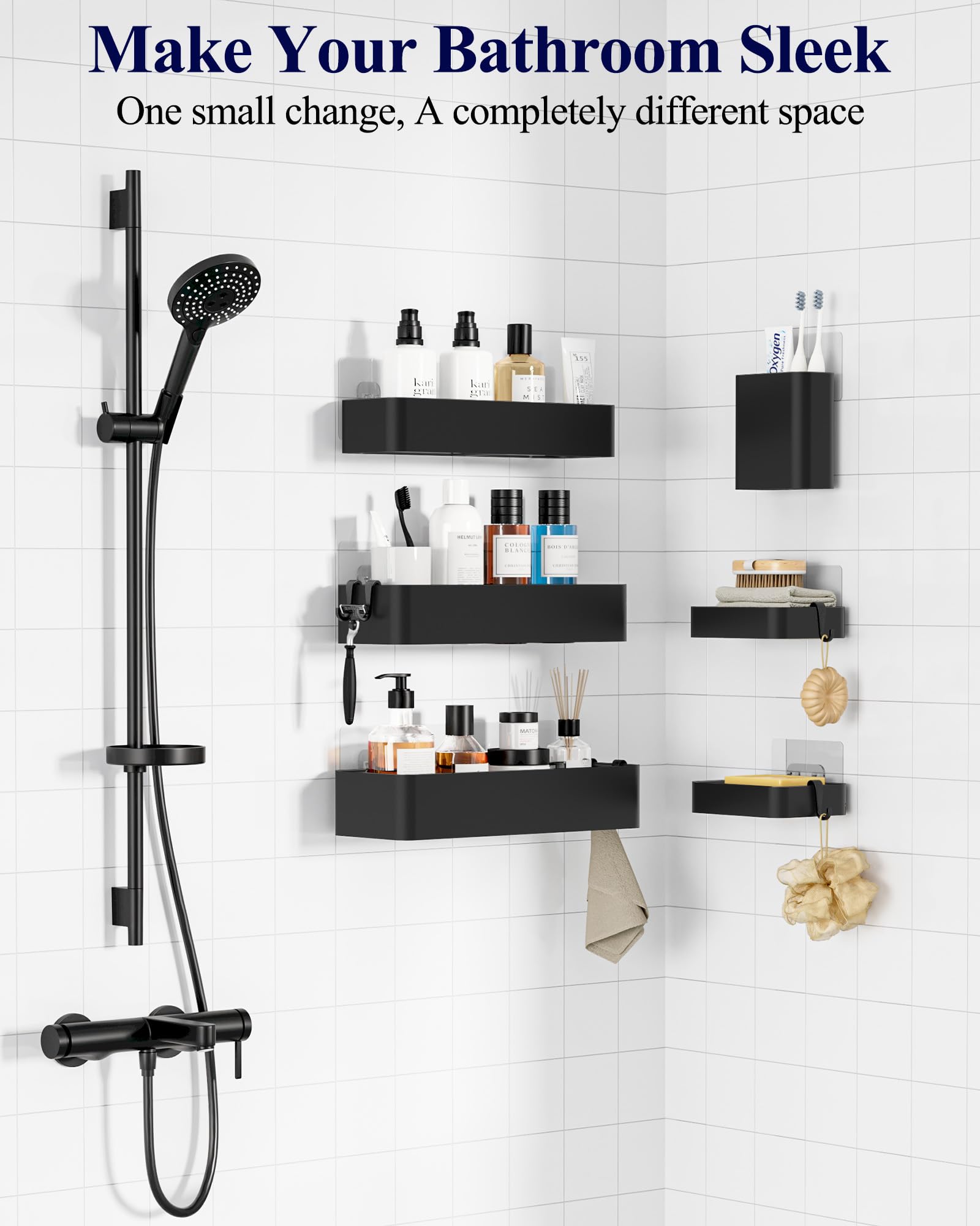 Kitsure Kitsure Shower Caddy Adhesive - 6-Pack, No-Drilling Shower Shelves with Soap Holder, Toothbrush Holde, 6 Hooks, Rustproof & Stylish Bathroom Organizers and Storage Solution, Black, Large in use