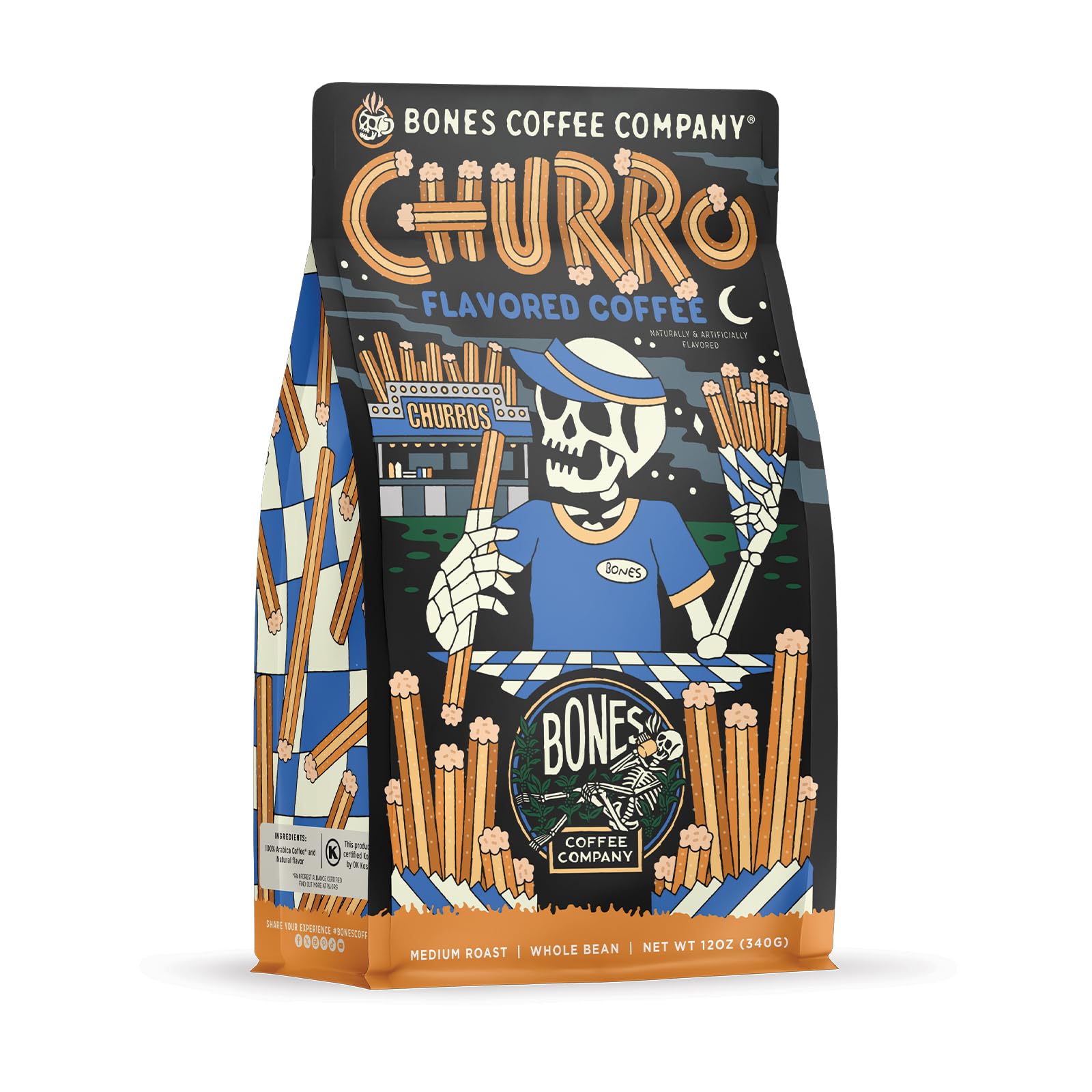 Bones Coffee Company Churro, Sweet Sugary Cinnamon Flavored Coffee, Medium Roast Low Acid Arabica Beans Compatible with Auto drip and French Press