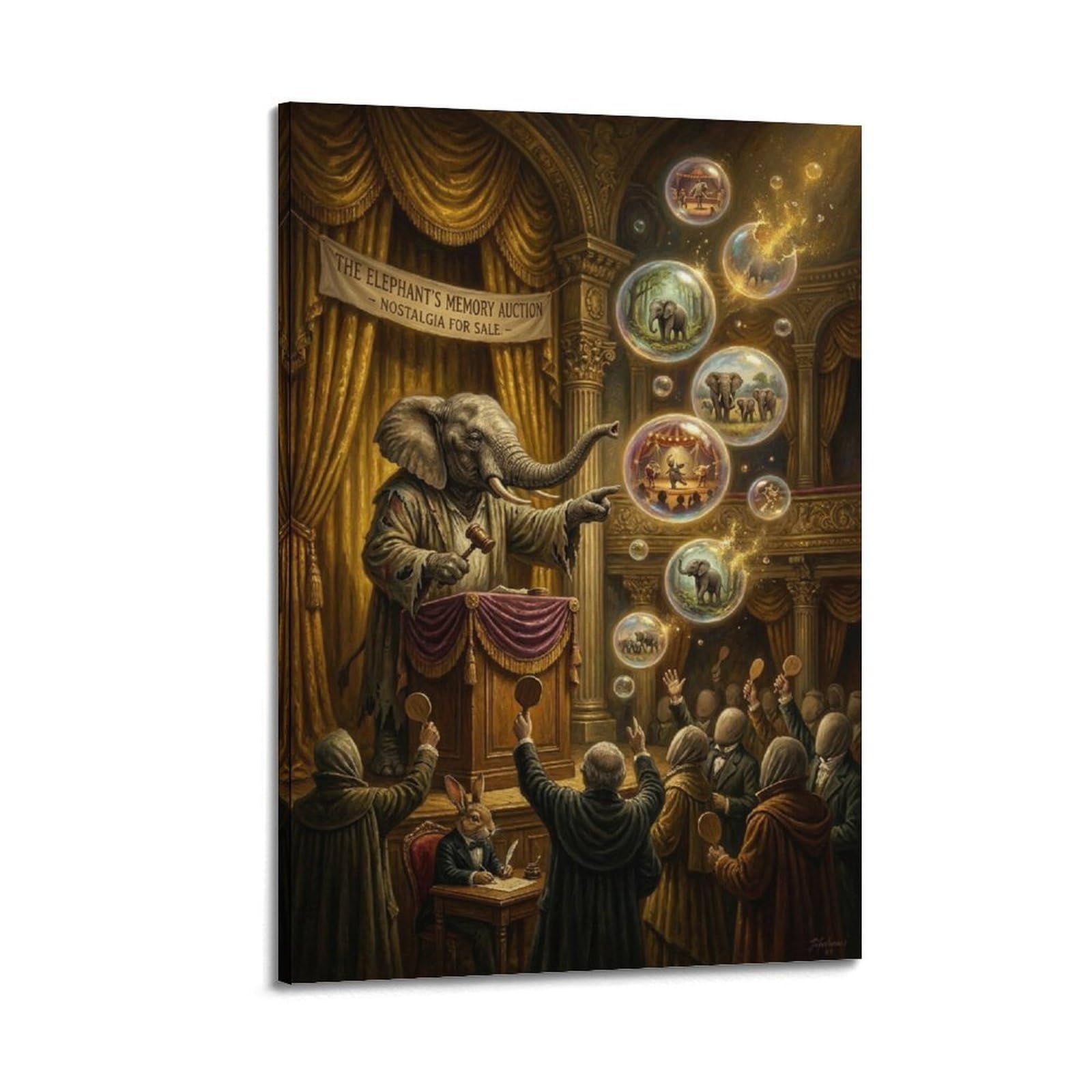 XKUGA Surreal Vintage Animal Poster Elephant Memory Auction Nostalgia Modern Decorative Canvas Prints - Ideal Wall Art for Family, Man Cave, Game Room, Boys & Girls Bedroom 20x30inch(50x75cm)