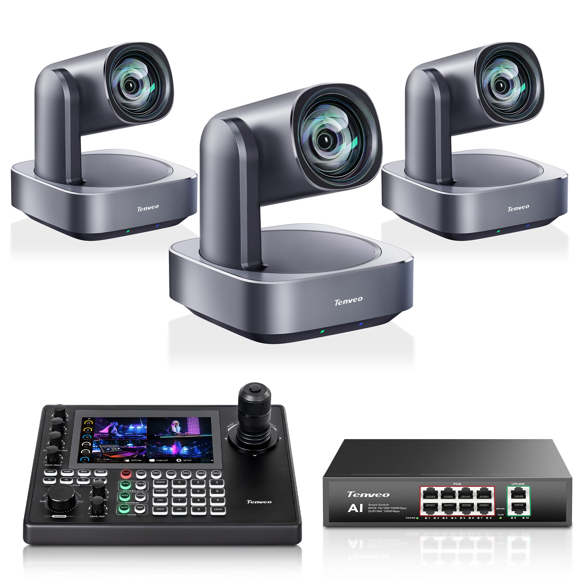 Tenveo Kit Caméras PTZ et Contrôleur 3 Caméras PTZ 4K avec Suivi Automatique IA 12X (HDMI/USB3.0/LAN PoE) et Contrôleur Joystick 4D avec Écran Tactile 7" Quad-View, Switch PoE