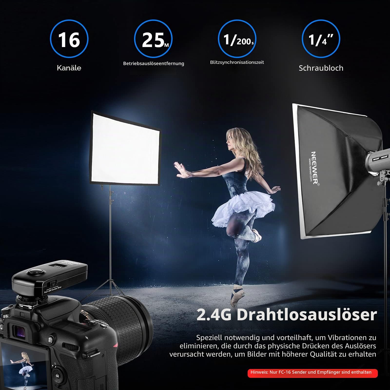 Neewer FC-16 Mehrkanal 2,4GHz 3-IN-1 drahtlos Blitz / Studio Blitzauslöser mit Fernauslöser