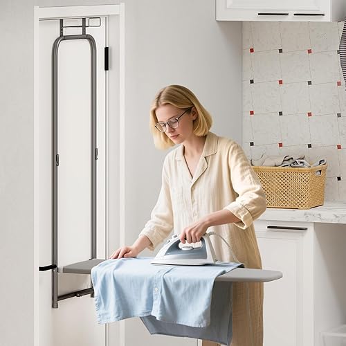 Miniatura 8 de COSTWAY Tabla de planchar sobre la puerta, tabla de planchar colgante de metal que ahorra espacio con soporte de hierro y cubierta de algodón,