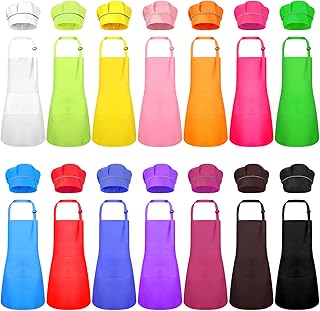 Handepo 28 Pcs Kid Apron and Chef Hat Set Adjustable Bib Apron with Pockets for Kids Cooking Baking Painting Crafting