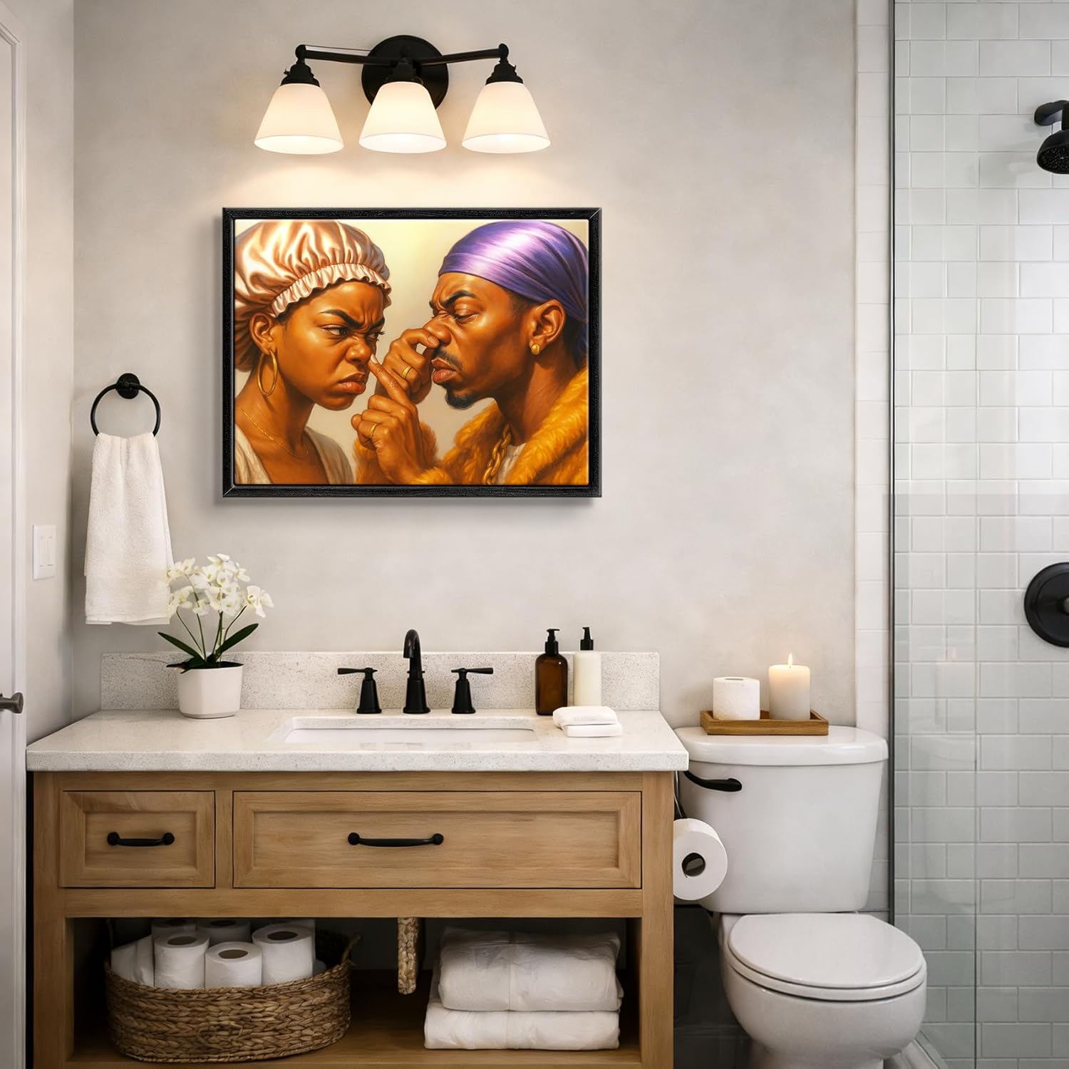 Funny African American Bathroom Wall Art Framed Canvas, Black Couple Pinch Nose Humor Painting, Funky Toilet Wall Decor Picture Print Artwork for Restroom Apartment Home Gift 12x16 Inch