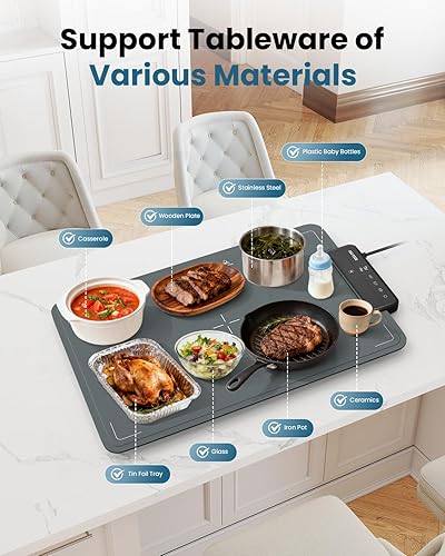 Miniatura 6 de Tapete calentador de alimentos Plug and Play, grande de 25.5 x 16 pulgadas, calentamiento rápido de superficie completa, temperatura de 6 niveles,
