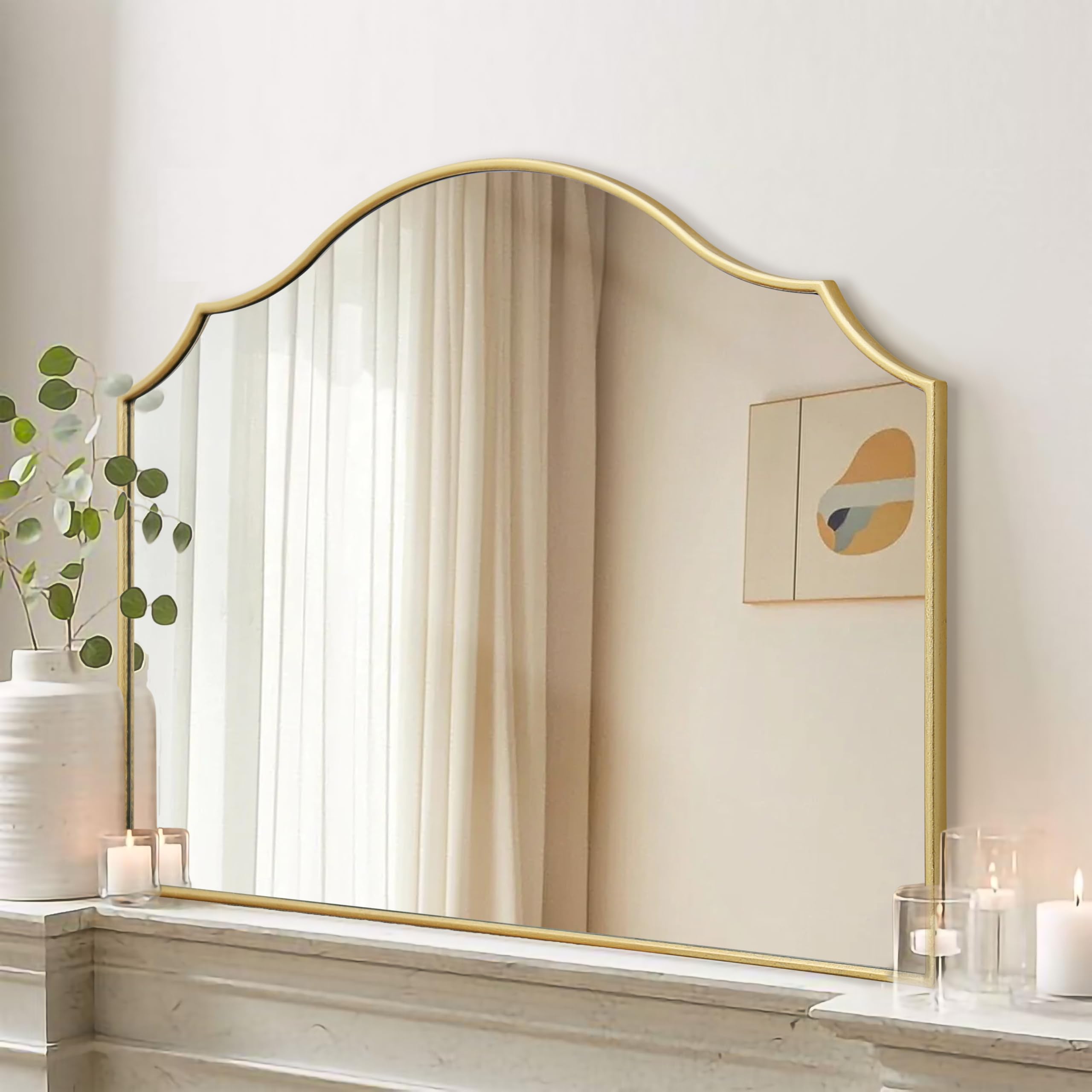 Gold Scalloped Arched Mirror: 36"x26" Large Modern Mantle Mirror - Minimalist Dresser Wall Mirrors for Vanity/Bedroom/Fireplace/Living Room/Entryway/Home Decor, Corner damaged*