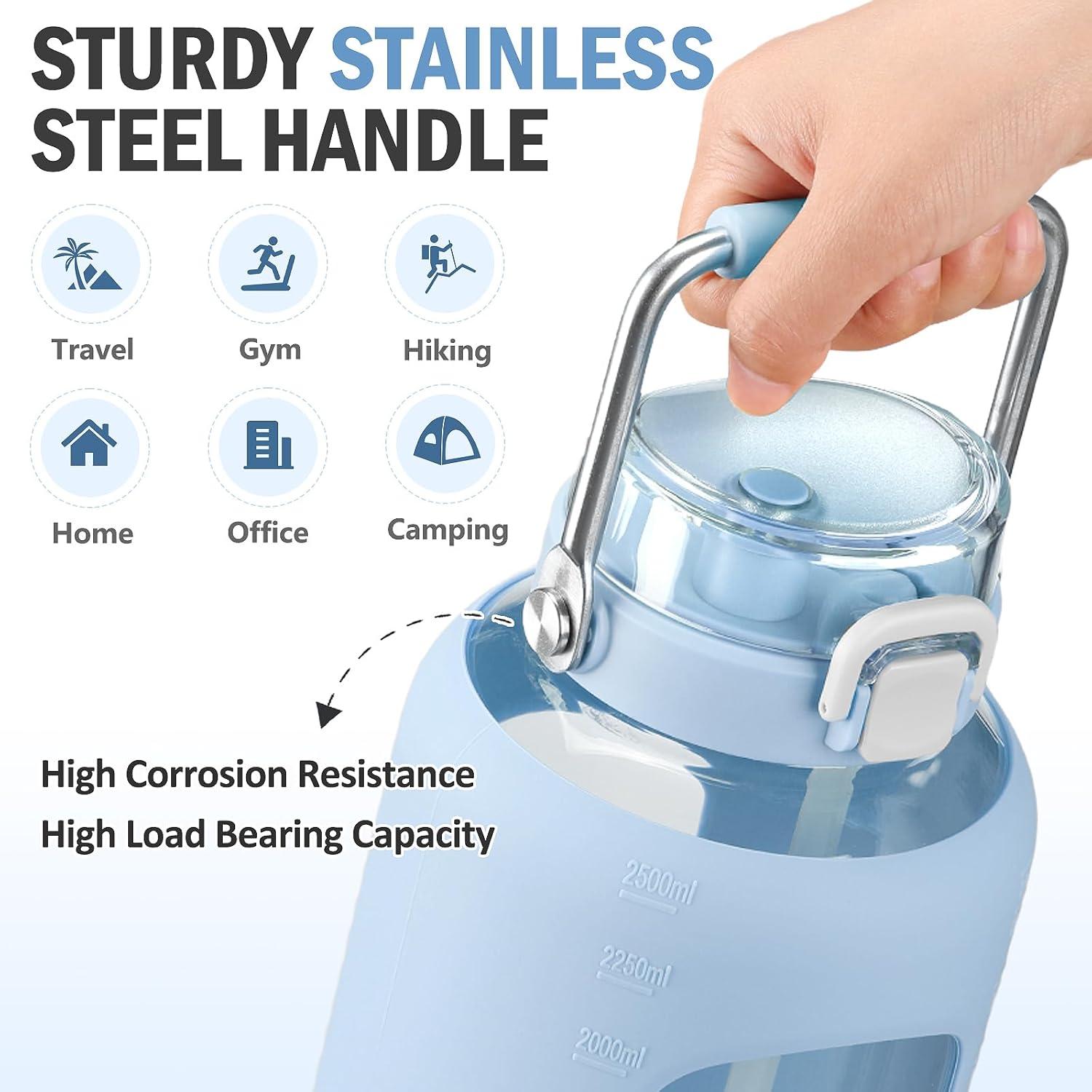 84oz Glass Water Bottle with Stainless Steel Handle,2.5L Gallon Water Bottle with 2-IN-1 Straw Lid, Silicone Sleeve and Motivational Capacity Marker, Wide Mouth Water Jug For Gym, Workout, Blue - Image 6