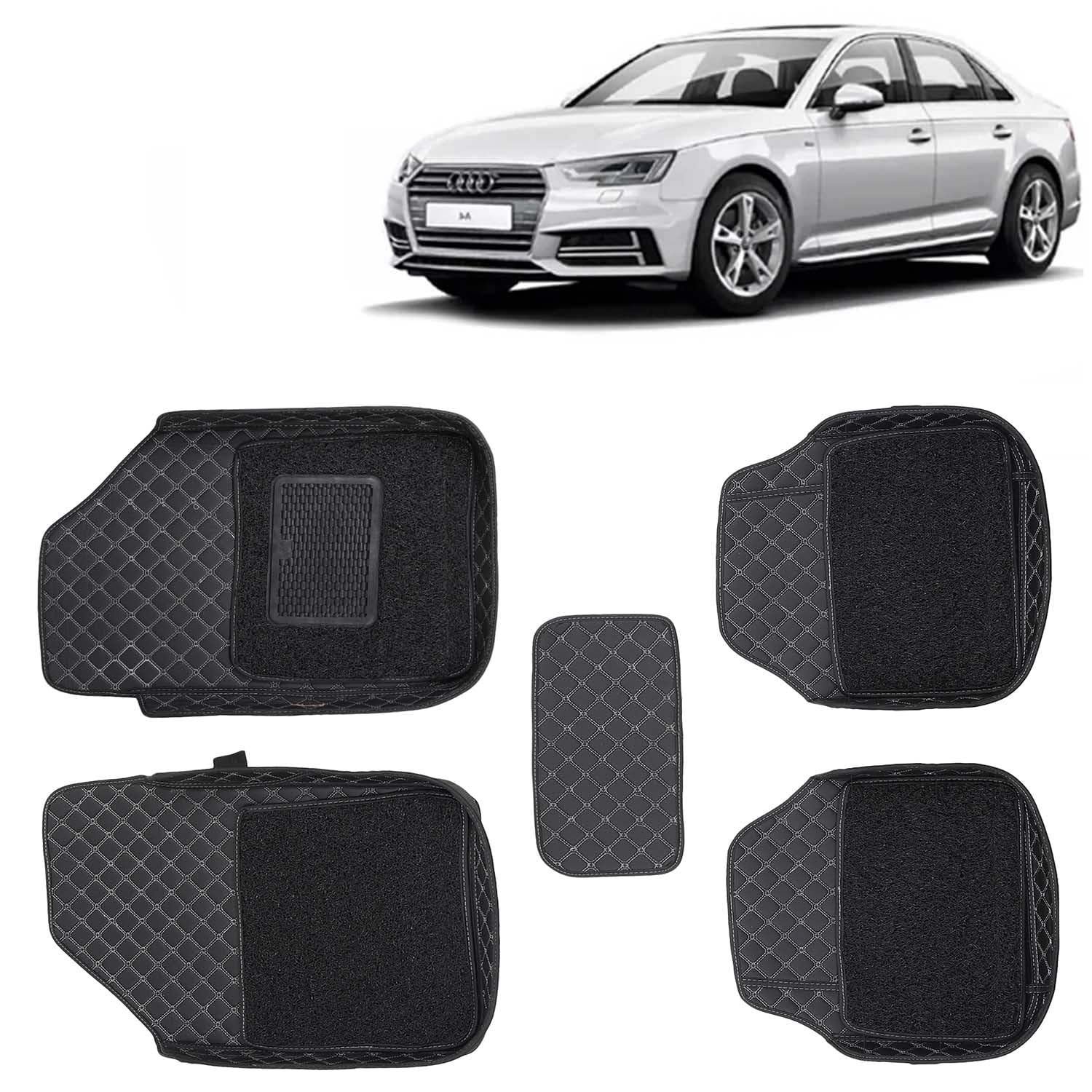 KINGSWAY® Universal Fit 7D Car Floor Foot Mats Compatible with AU DI A4 (Year 2015 Onwards) - Complete Set of 5 Pieces, PU Leatherette, Washable, Black