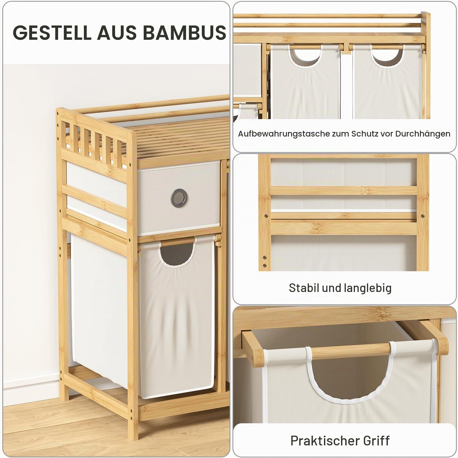 Wäschekorb 3 Fächer Bambus, Wäschesammler 127 L, Wäsche Sortiersystem, Wäschesortierer mit Schublade, Wäscheregal, Wäschesack für Bad Schlafzimmer Waschküche 78 x 41 x 78 cm