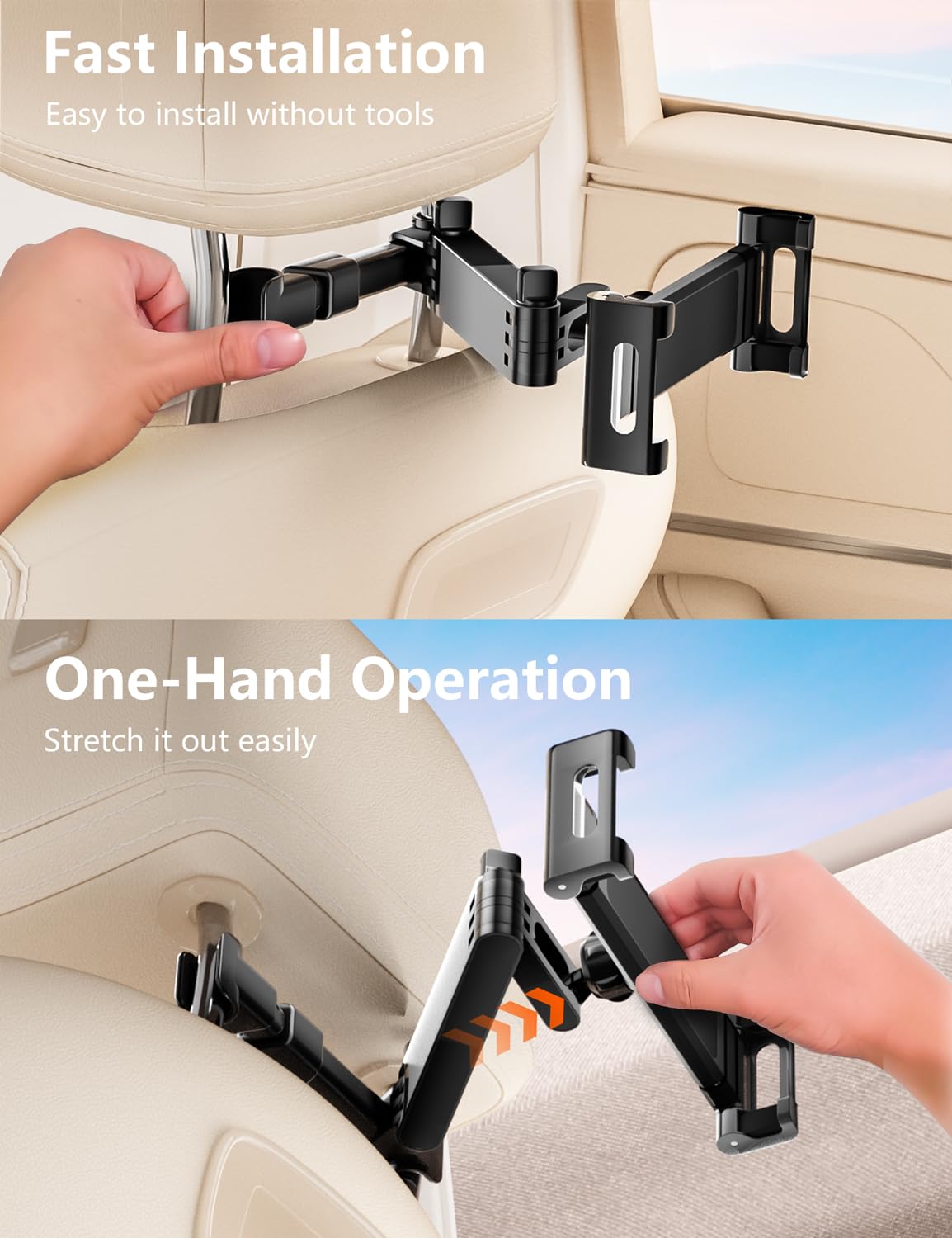 Support de tablette pour appui-tête de voiture, support de siège arrière de voiture [bras d'extension 3 en 1], rotation à 360 ° réglable, essentiel pour iPad Pro 4,7-11", Air, Mini, Galaxy