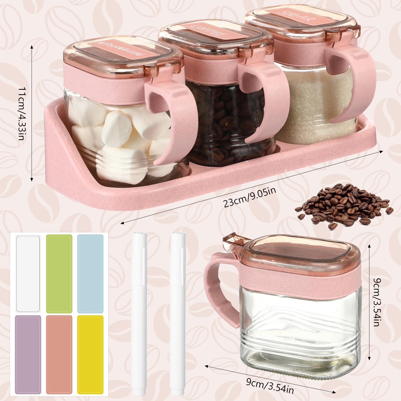 Suclain Juego de 3 tarros de condimentos de vidrio rosa para especias de cocina con base para granos de café y azúcar con etiquetas adhesivas, juego de tarros de café y azúcar de vidrio rosa con