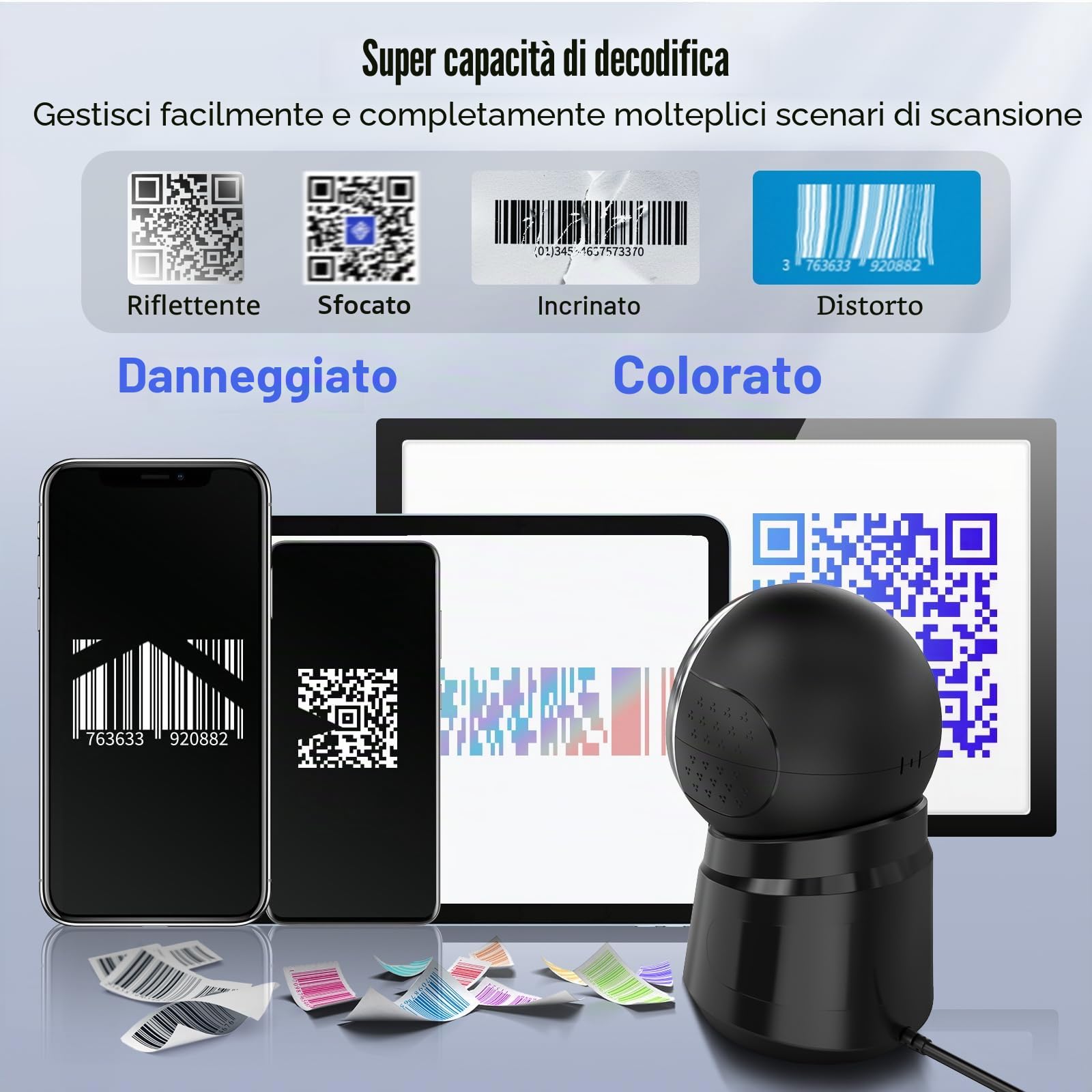Tera Scanner codici a barre Desktop Omnidirezionale: 1D 2D QR Scanner codici a barre cablato USB Testina di scansione regolabile per POS Supermercato Vendita al dettaglio Pagamento mobile Modello 9000