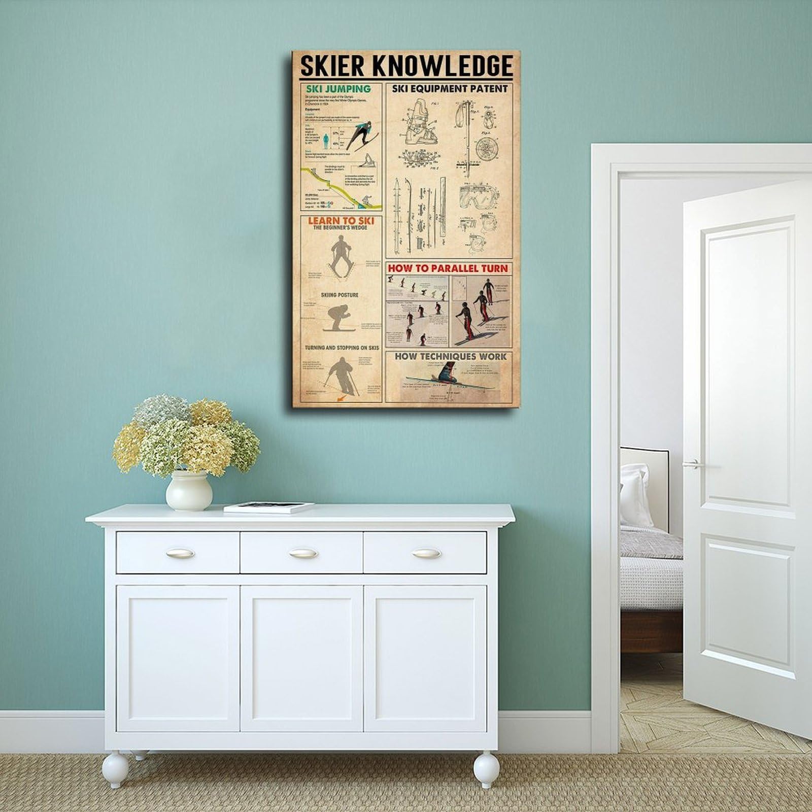 Poster su tela con scritta "Skier Knowledge", decorazione per camera da letto, ufficio, stanza, regalo, 50 x 75 cm