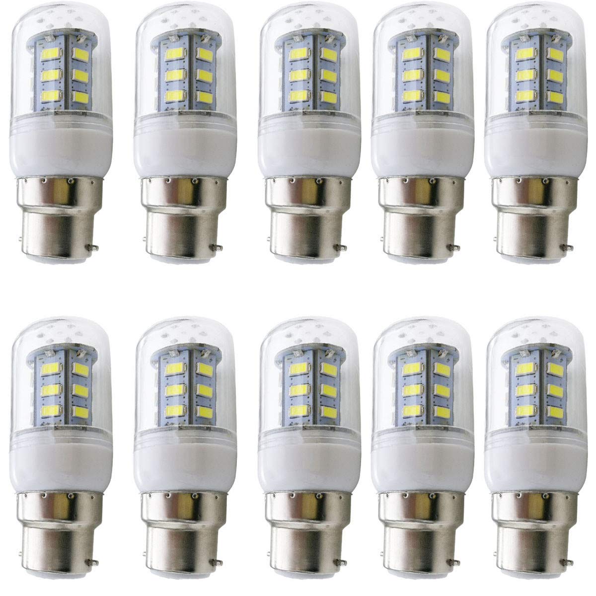 Aoxdi LED B22 Bayonet Cap Light Bulb, 24 SMD 5730 LED Corn Lamp, AC220-240V, 10-Pack (Cool White)