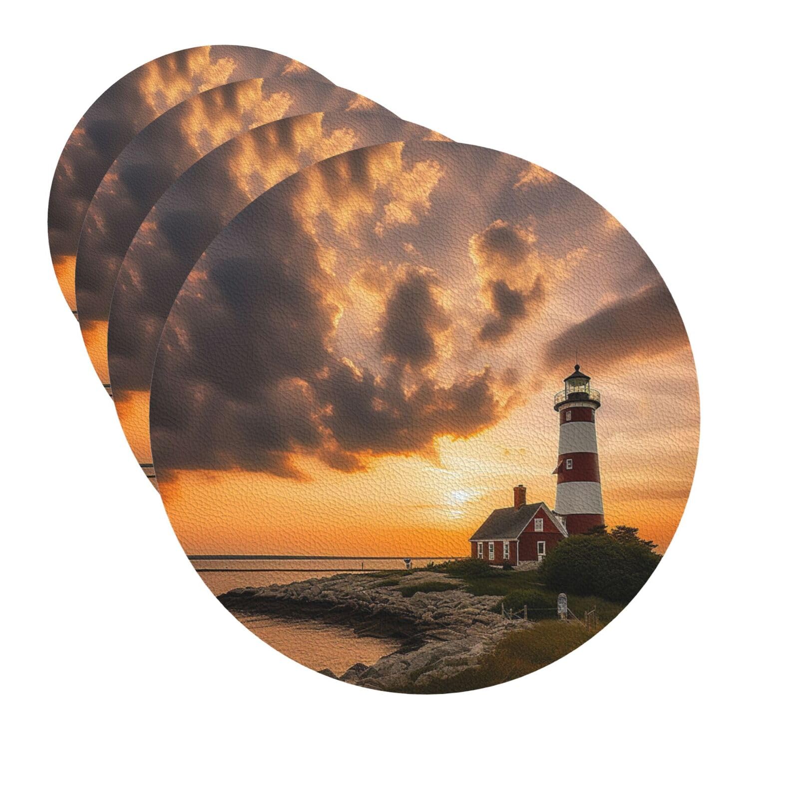 Drink Coasters Set of 4 Quick-Dry Leather Coaster Lighthouse at Sunset Coasters for Drinks Coffee Cup Mat Tabletop Protection Heat Resistant Coaster for Kitchen Bar Office Home Decor