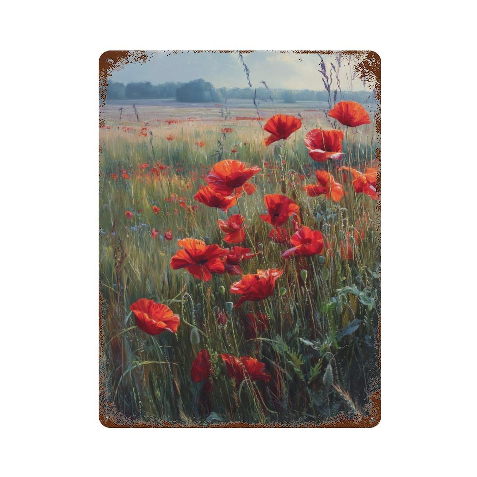 Vintage Rust Metal Sign with Poppy Field Serenity Design 15.7"x11.8", for Shed, Workshop And Garage Wall Decor, Retro Wall Decor