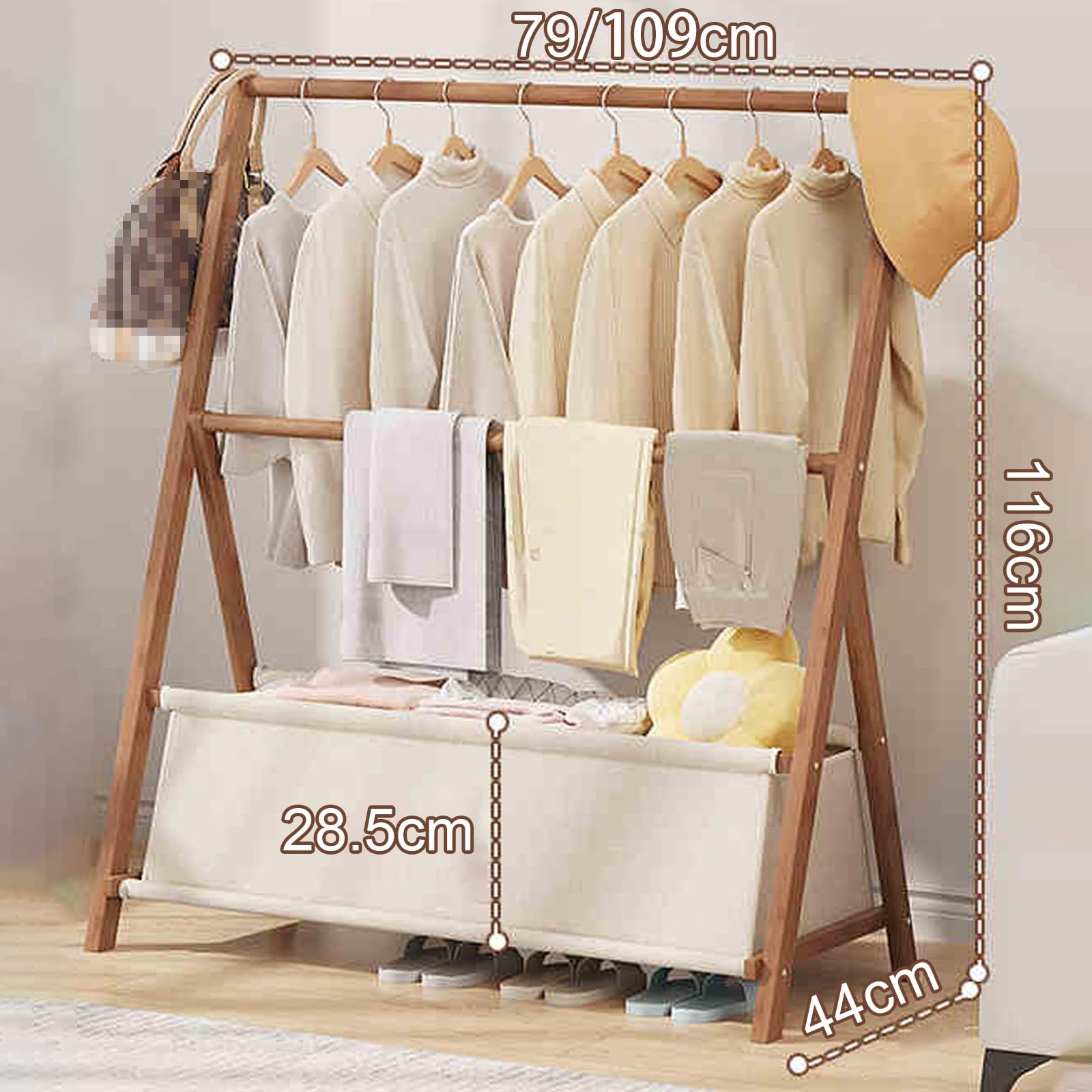 Appendiabiti triangolare in bambù con borsa portaoggetti stabile per ingresso nizer per corridoio camera da letto (marrone, 79 x 44 x 116 cm) elegante e funzionale Perchero per la casa