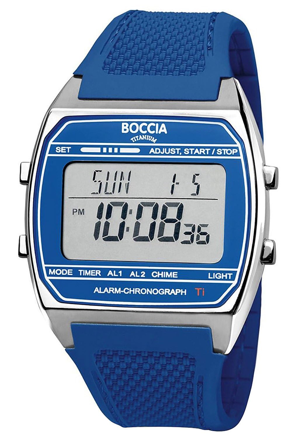 Boccia Titanium zegarek cyfrowy 3738-02 tytanowy 37 mm niebieski, uniseks, kwarcowy zegarek na rękę z paskiem PU, alarm stoper, timer, podwójny czas, wodoszczelny, 5 bar, lekki i antyalergiczny