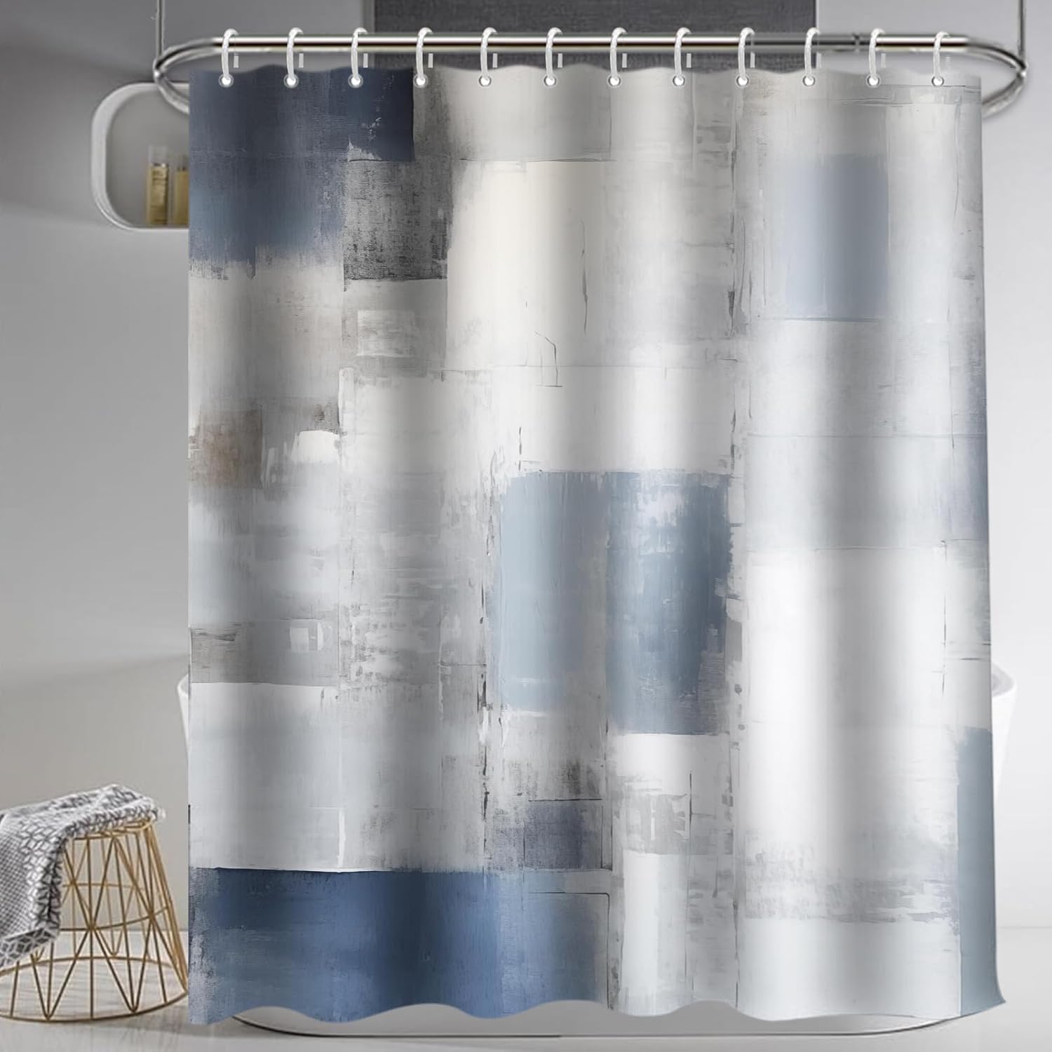 Lnond 4Pcs Bathroom Sets with Shower Curtain and Rugs, Blue Grey Abstract Bathroom Shower Curtain Sets, Navy Blue Modern Art Bathroom Sets with Rugs and Accessories