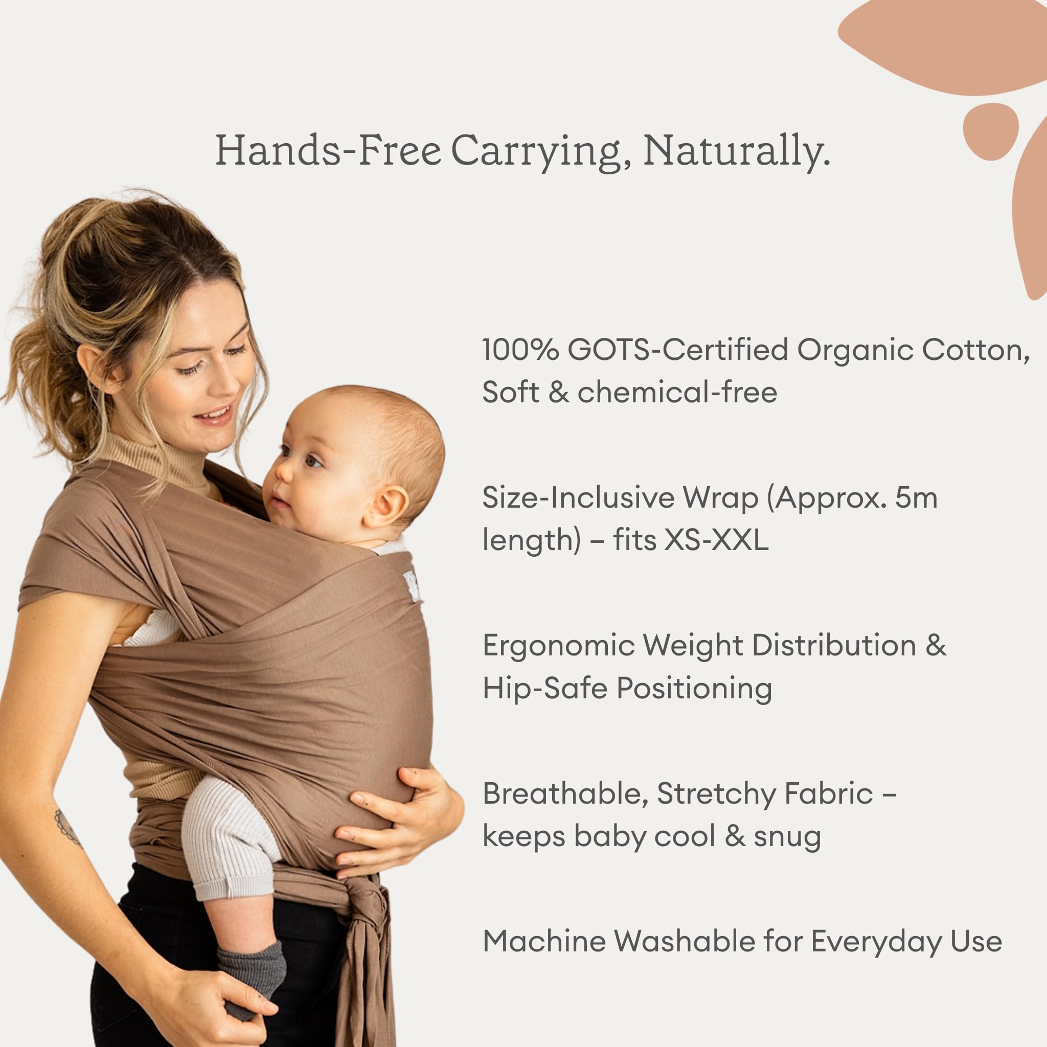 Gaia Baby Carry Stretchy Baby Wrap - 100% Bio-Baumwolle, Hip Dysplasia Institute Zertifiziert, Ergonomische Babytrage (Neugeborene bis 15kg) - Muskatnuss
