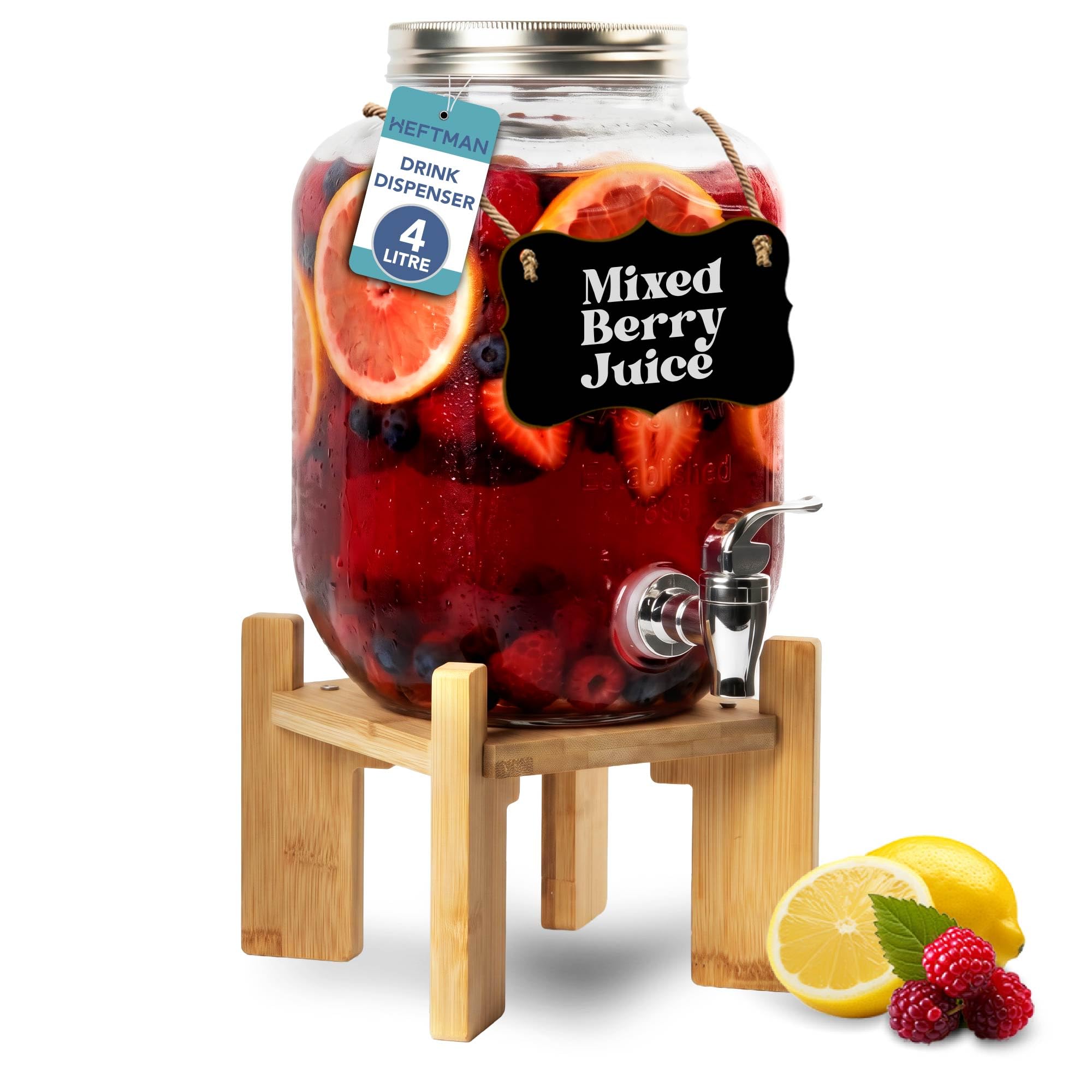 HEFTMAN Distributore di bevande in vetro con rubinetto, 4 litri, vuoto, con robusto supporto in bambù, per acqua, succhi, cocktail, limonata