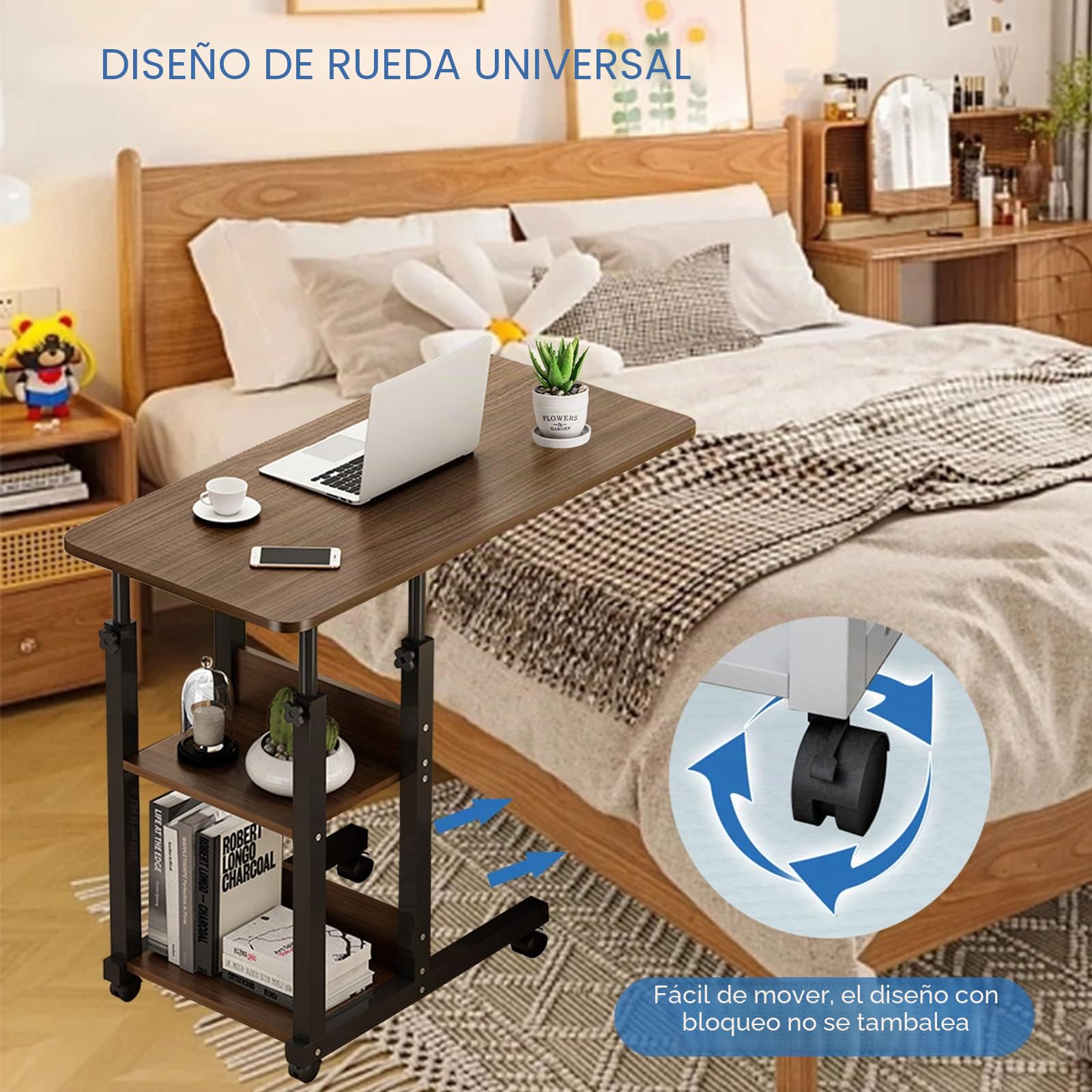 Escritorio de cama, mesa de cama, mesa de sofá, mesa de cama de hospital, escritorio regulable en altura, equipado con dos estantes de almacenamiento, equipado con ruedas, adecuado para el