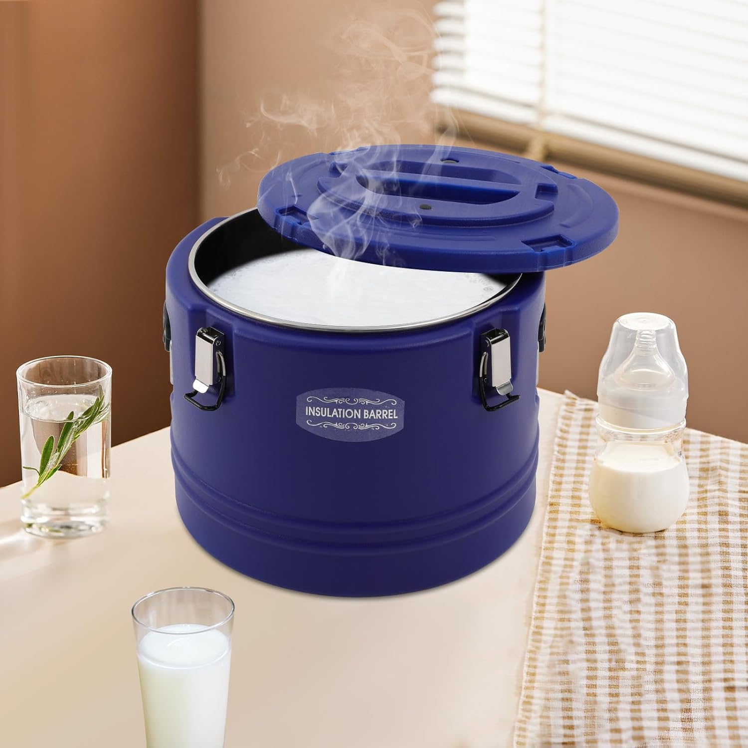 Insulated Soup Container Commercial Food Warmer for Hot or Cold Food, 31.7Qt Soup Pan Carrier Portable Commercial Hot -Cold Hot Box,Food Cooler with 3 Buckles for Restaurant, Canteen (Blue 30L/31.7Qt)