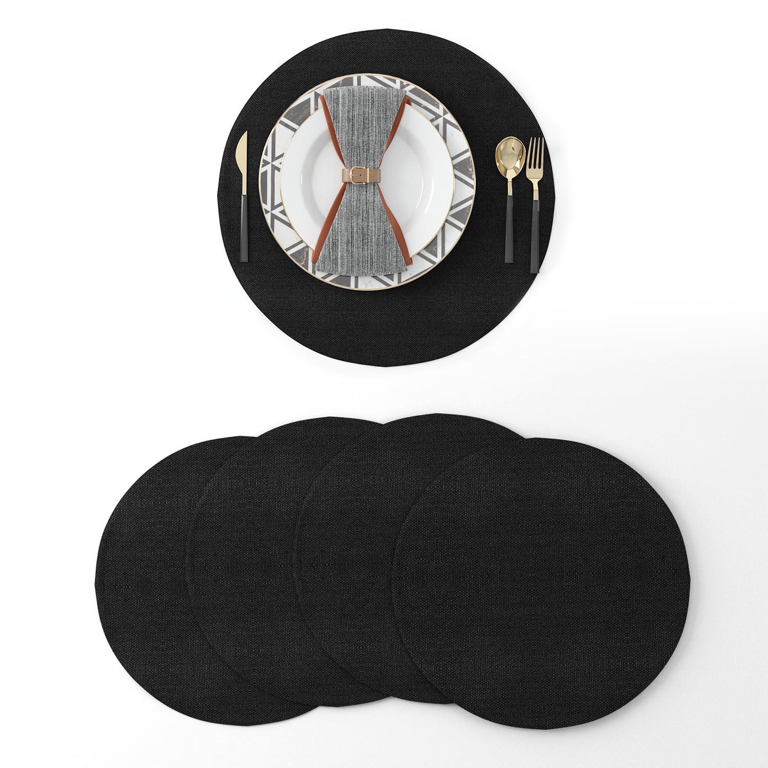 NATUS WEAVER Set of 4 Round Placemat 15 Inch Soft Linen eco-Friendly Fabric Handcrafted Machine Washable Indoor & Outdoor Tablemat Black