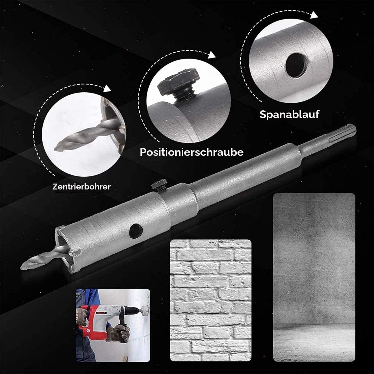 350mm Rundgriff SDS Plus Schaft Betonwandbohrer Lochsägenschneider Betonzement Steinwandbohrer mit 30/40/50 mm Aufweitung （Silber）