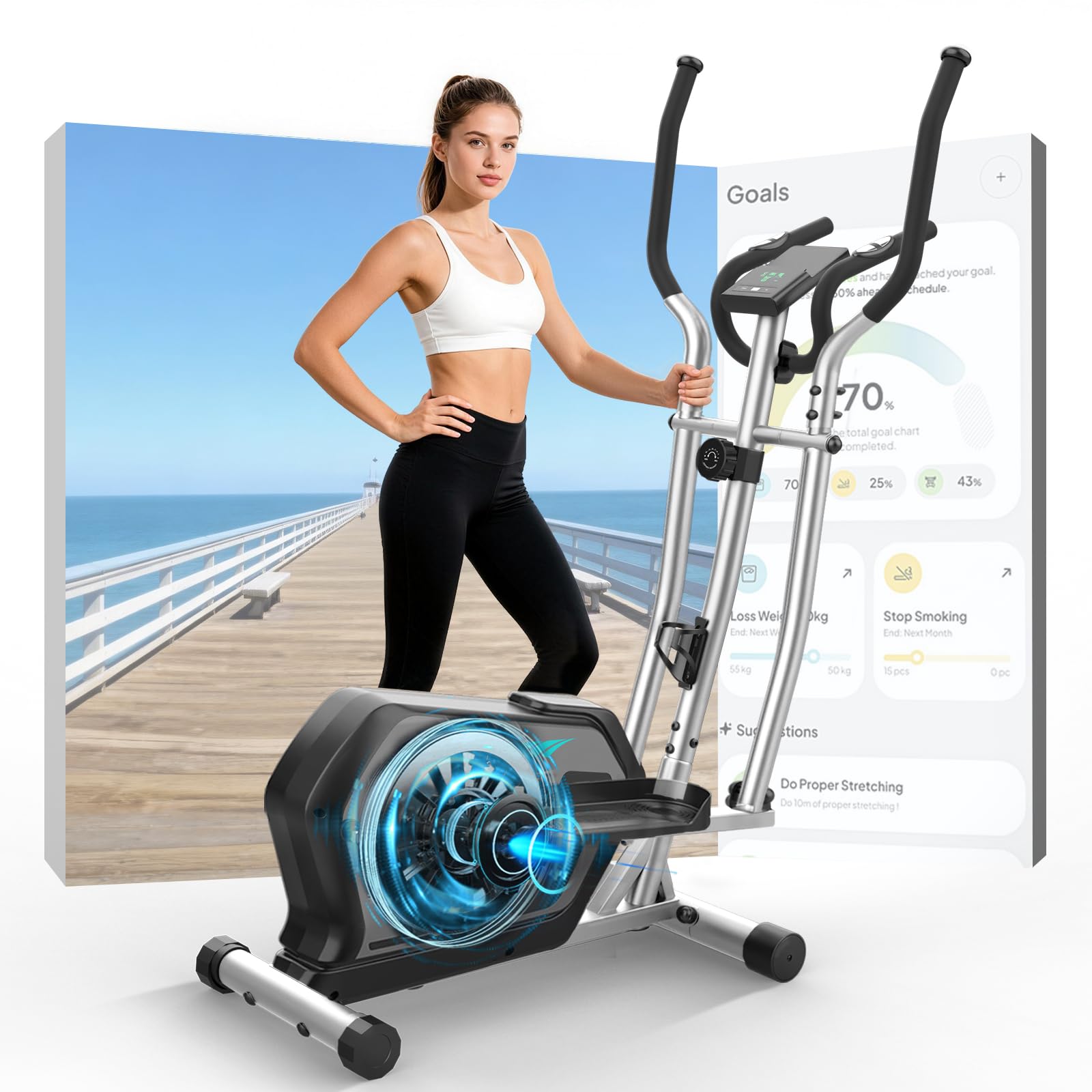Ellittiche Da Casa con App, 3-in-1 Ellittica Ultra Silenziosa con 16 Livelli di Resistenza,volano da 6 kg, Monitor LCD, Pedale Antiscivolo, Portabottiglie (Argento)
