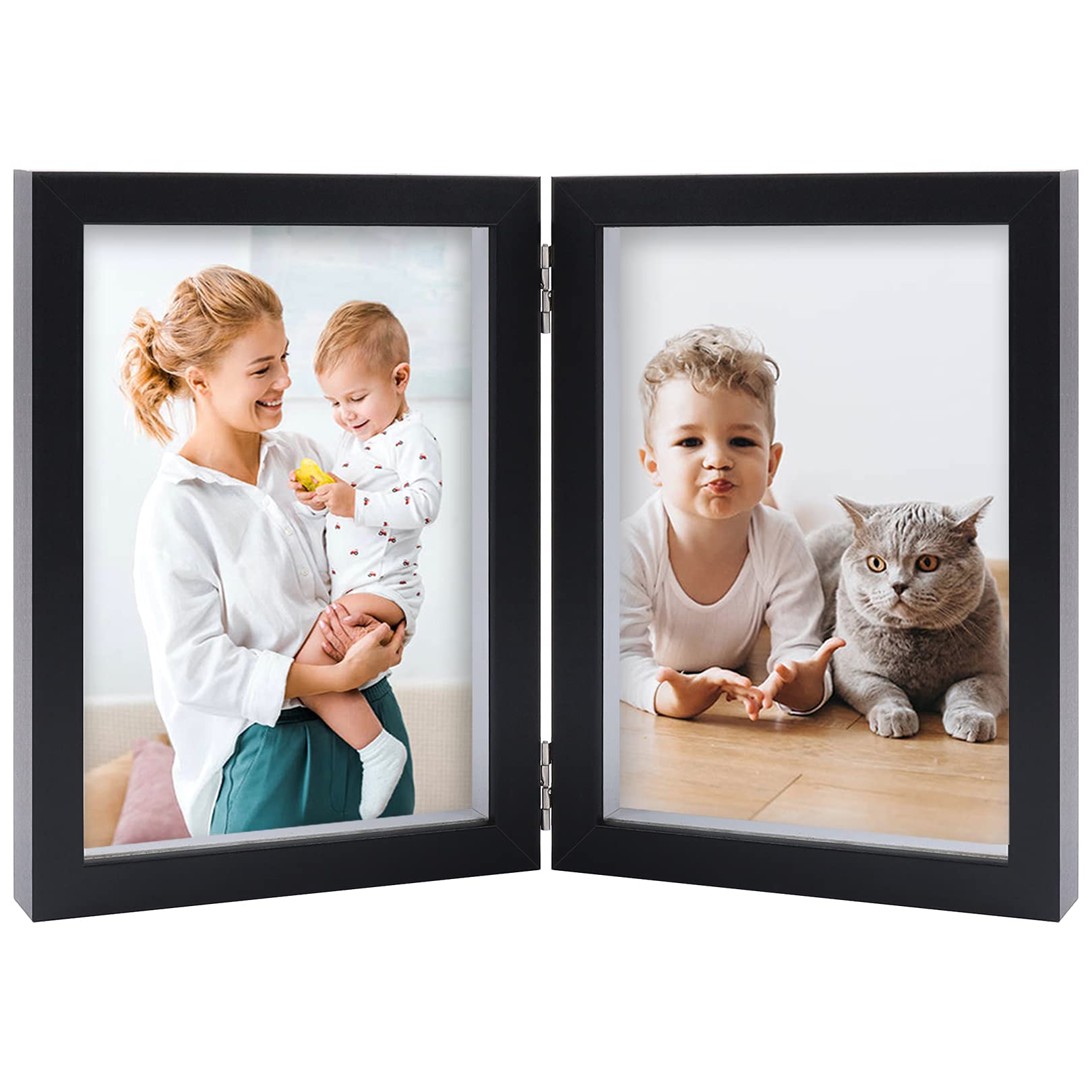 AEVETE 5x7 Double Picture Frames Hinged Wood Folding Picture Frames Vertically Display with Real Glass Front, Black