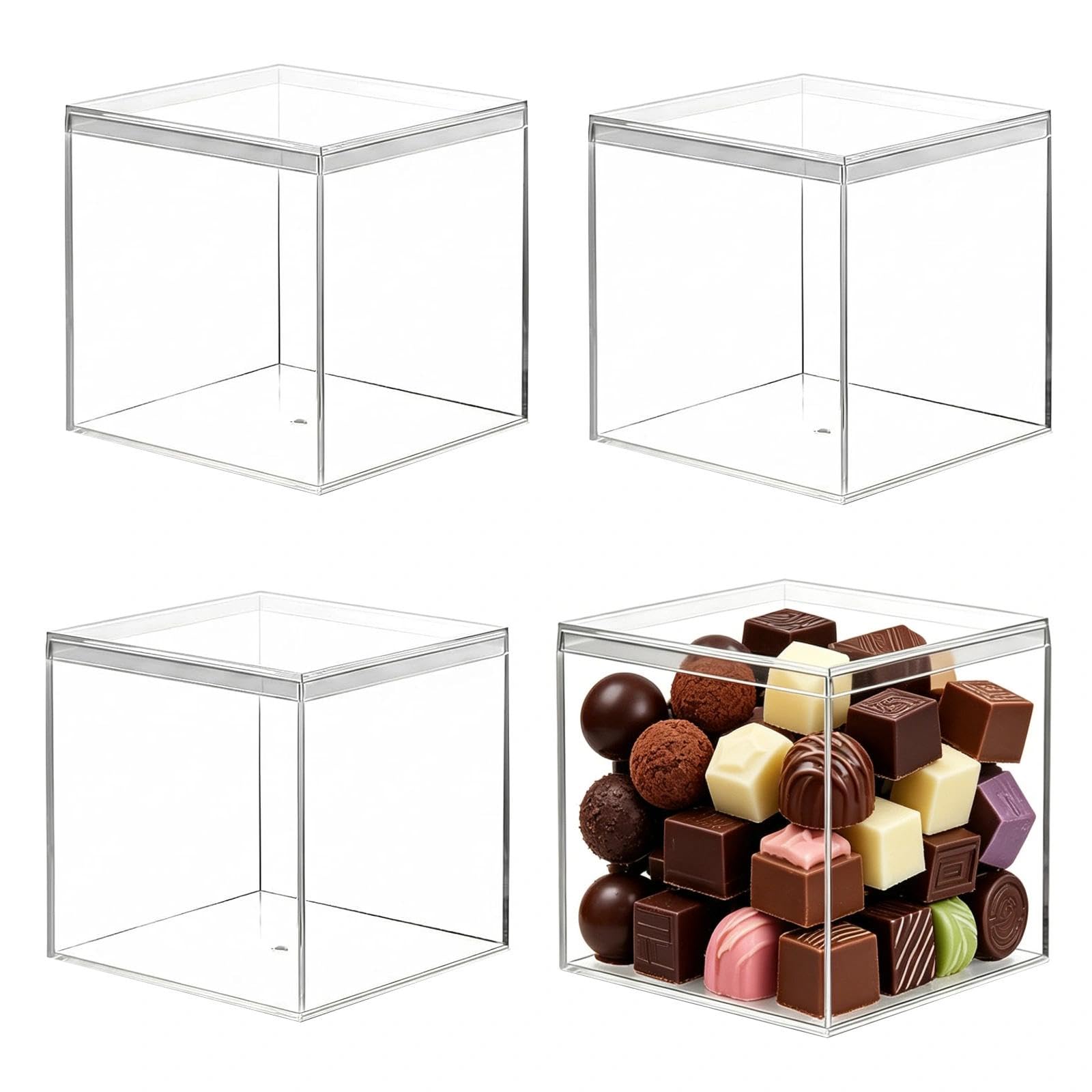 SHILIUZHI 4 Pcs Clear Acrylic Boxes with Lids, 10x10x10 cm Storage and Display Boxes, Mini Acrylic Boxe, for Candy, Jewelry, Cosmetics, Toys, and Gifts