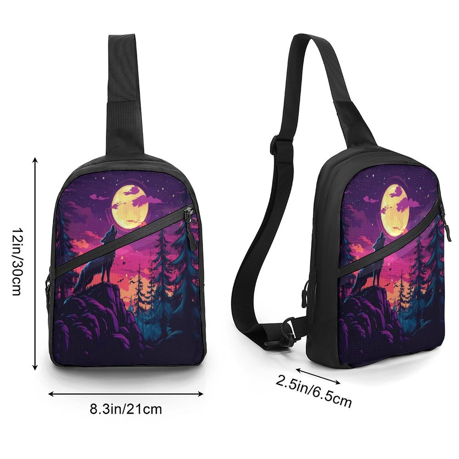 Wolf Howling at The Moon Chest Bag Foldable Crossbody Unisex Pack Travel Hiking Adjustable Shoulder Straps Sling Bags