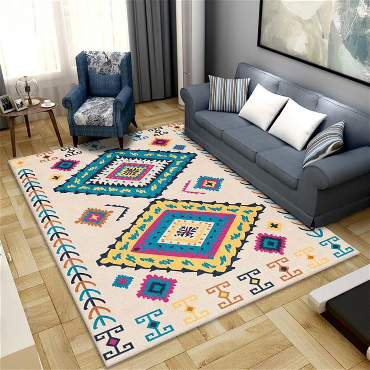 Tapis de canapé design géométrique jaune et bleu pour une déco cocooning