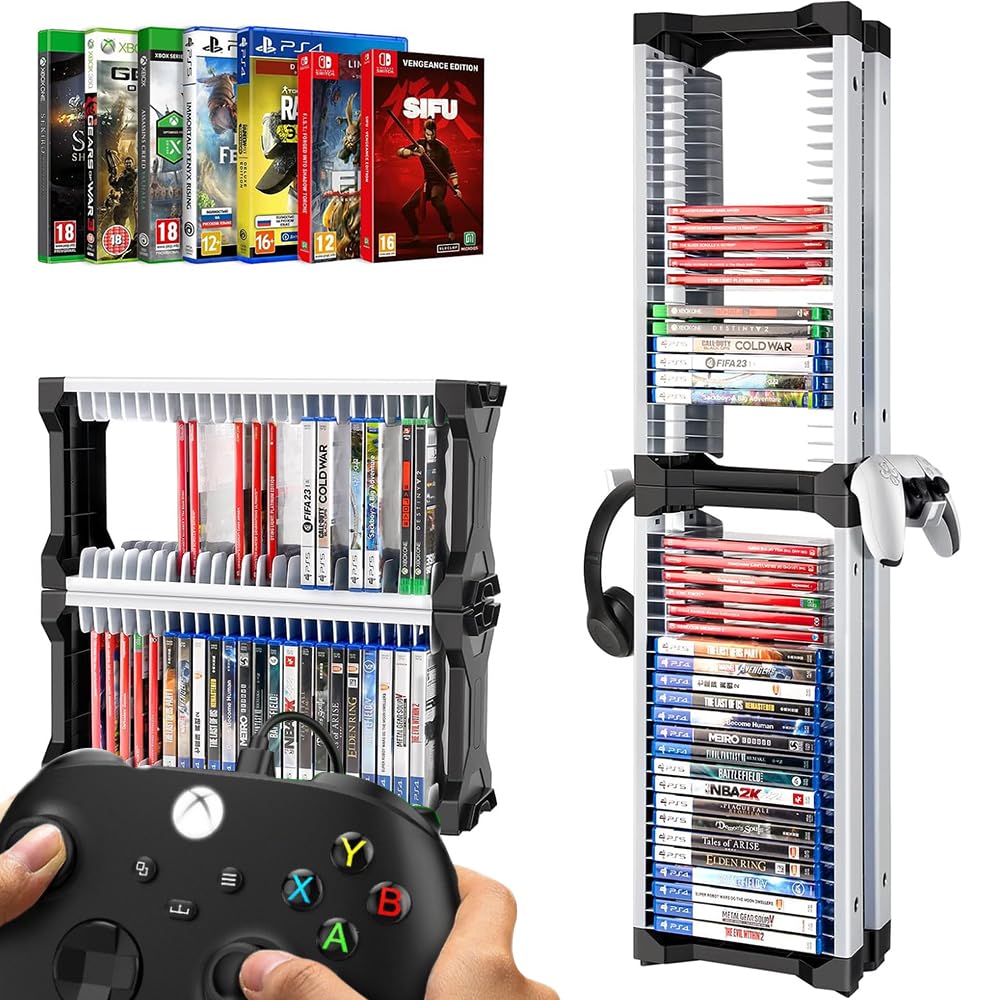 Tour de rangement pour PS5, PS4, Xbox Series X, Switch, et disques Blu-Ray Peut contenir 46 disques de jeu Avec 2 supports pour casque