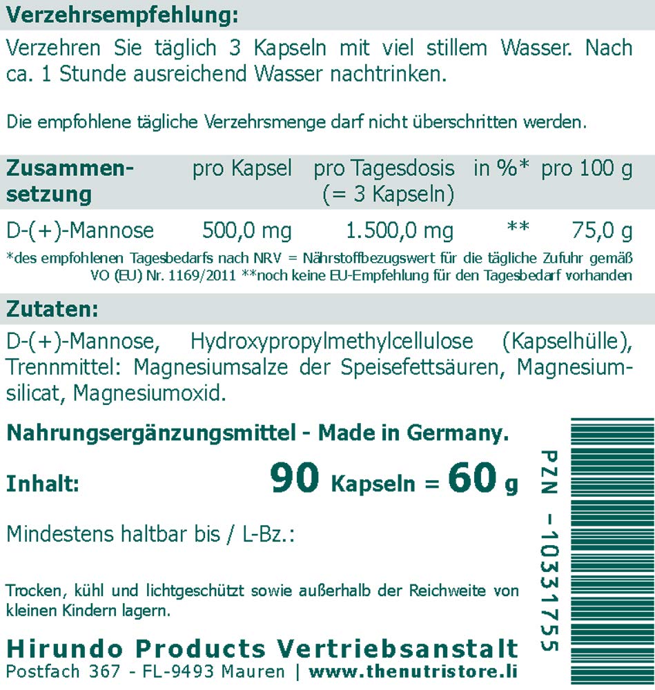 Hochreine Mannose 500 mg pro vegane Kapseln - 90 Stk. - ein Monatsvorrat