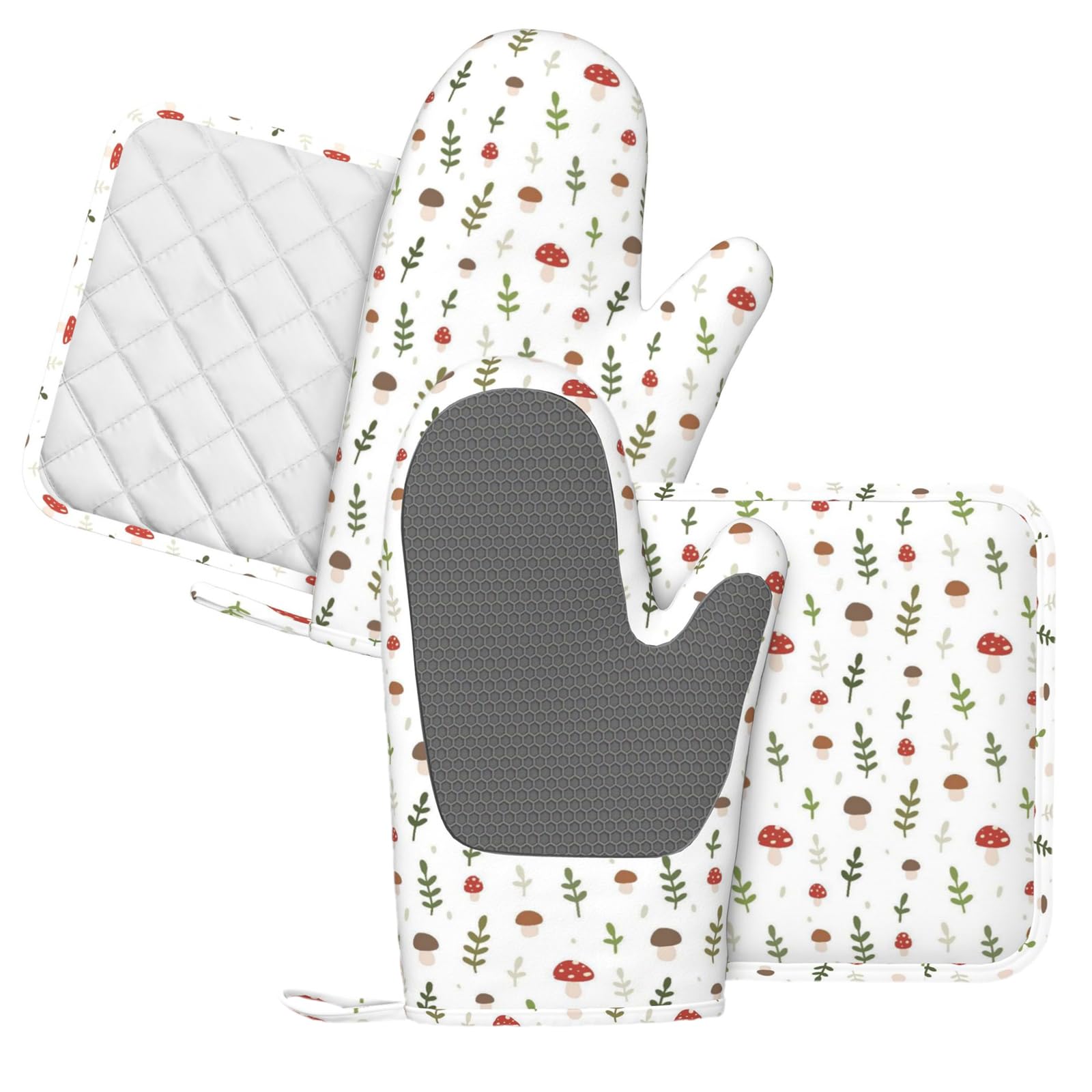 Lot de 4 maniques et grilles de cuisson Motif champignons