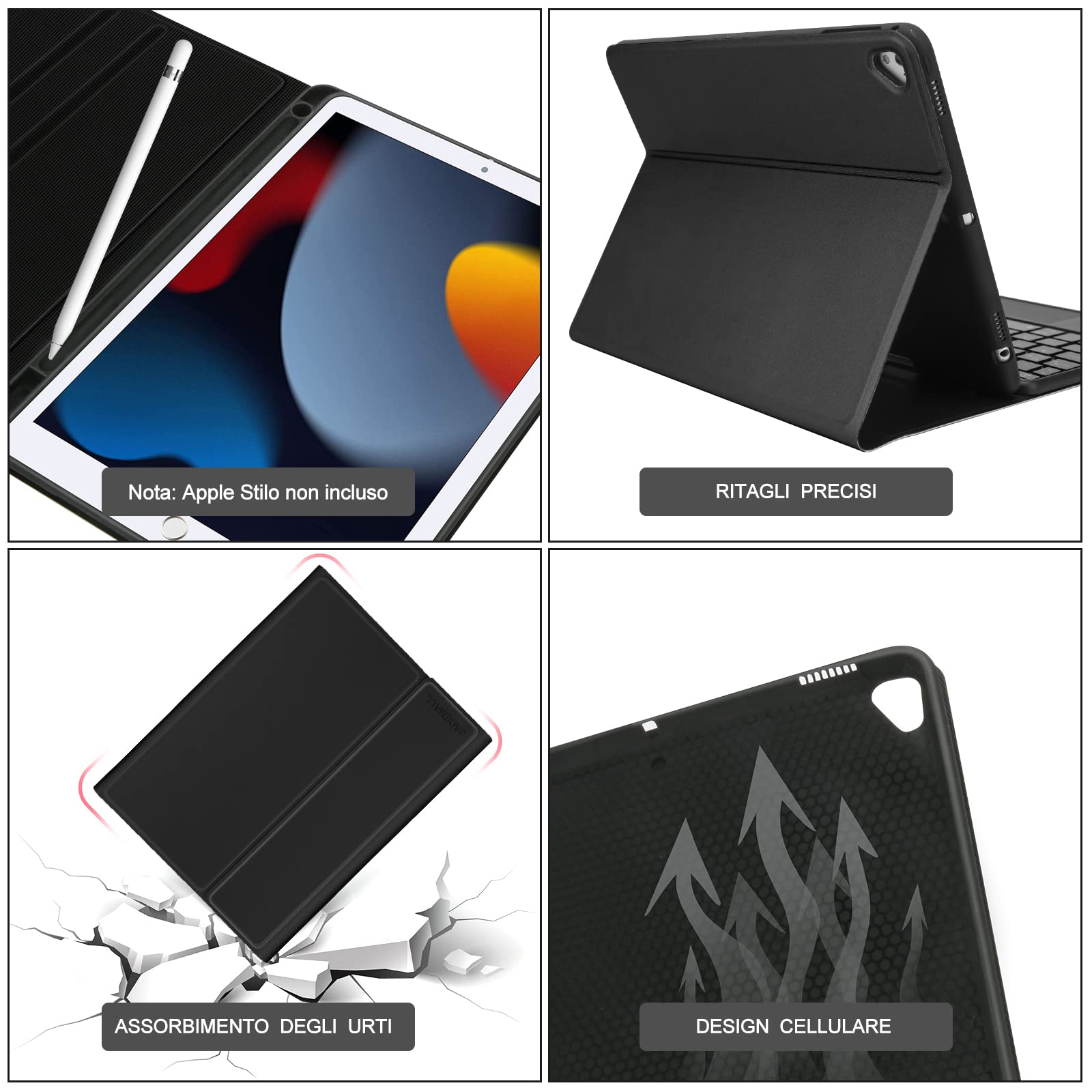 JADEMALL Custodia Tastiera per iPad Air 5/4 Generazione 10.9 2022/2020, iPad Pro 11 4/3/2/1 Gen Italiano QWERTY Tastiera Bluetooth Rimovibile Custodia con Supporto Pencil, Nero