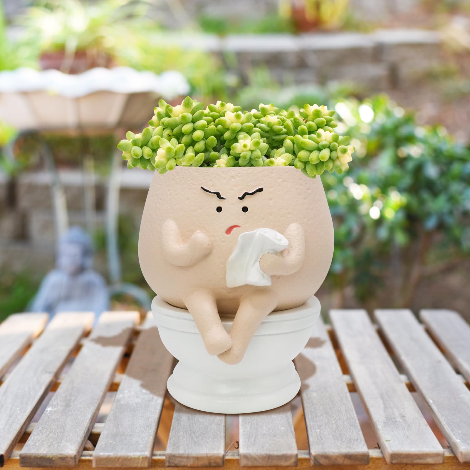 Macetas con el ceño fruncido para plantas de interior, bonitas macetas de resina con cabeza de flor, macetas para suculentas con agujero de drenaje, maceta única de cierre – Idea de regalo