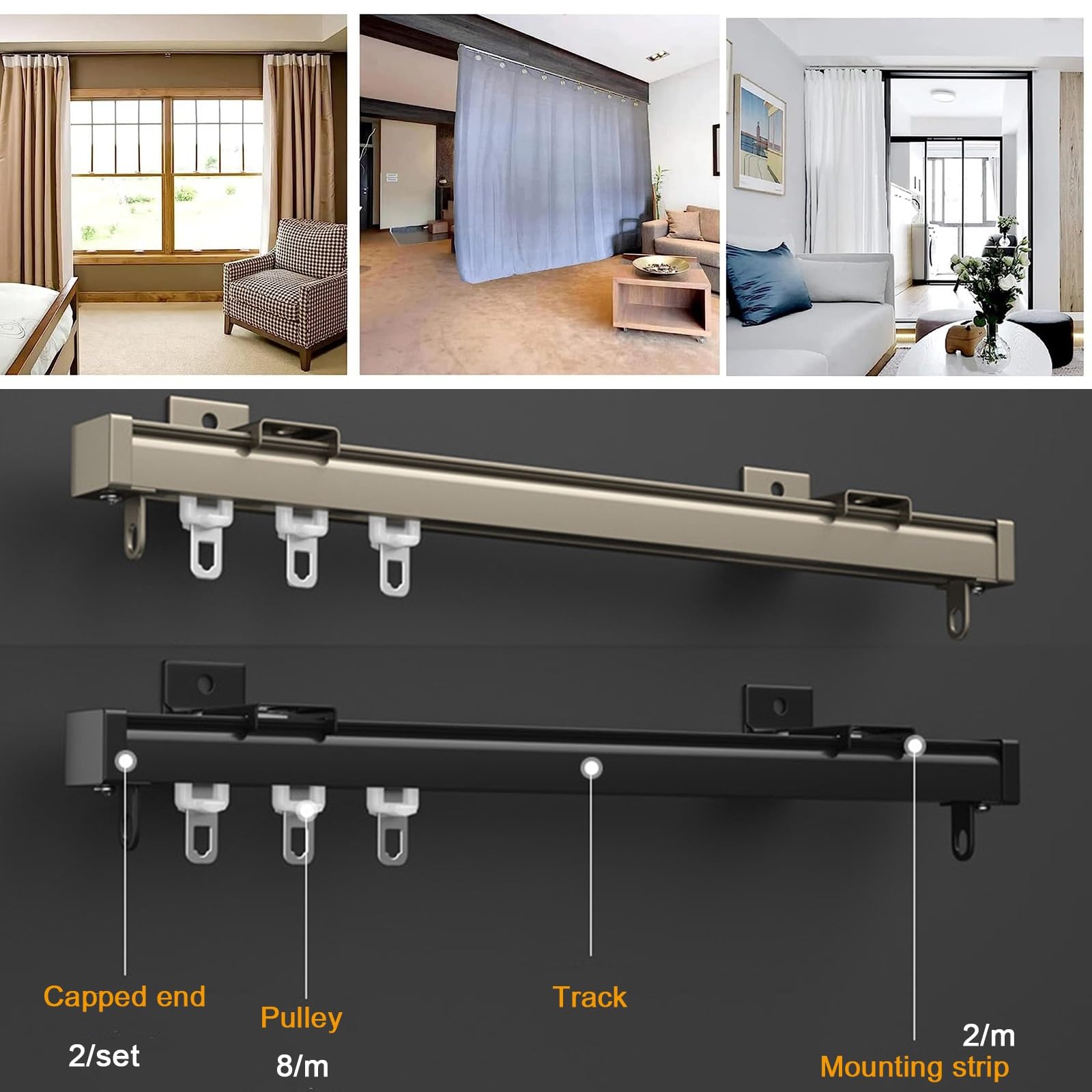 Tringle à rideau robuste avec rouleaux, rails de rideaux de fenêtre pour salon, chambre à coucher, maison, bureau, plafond, séparateur de pièce, 50 à 600 cm