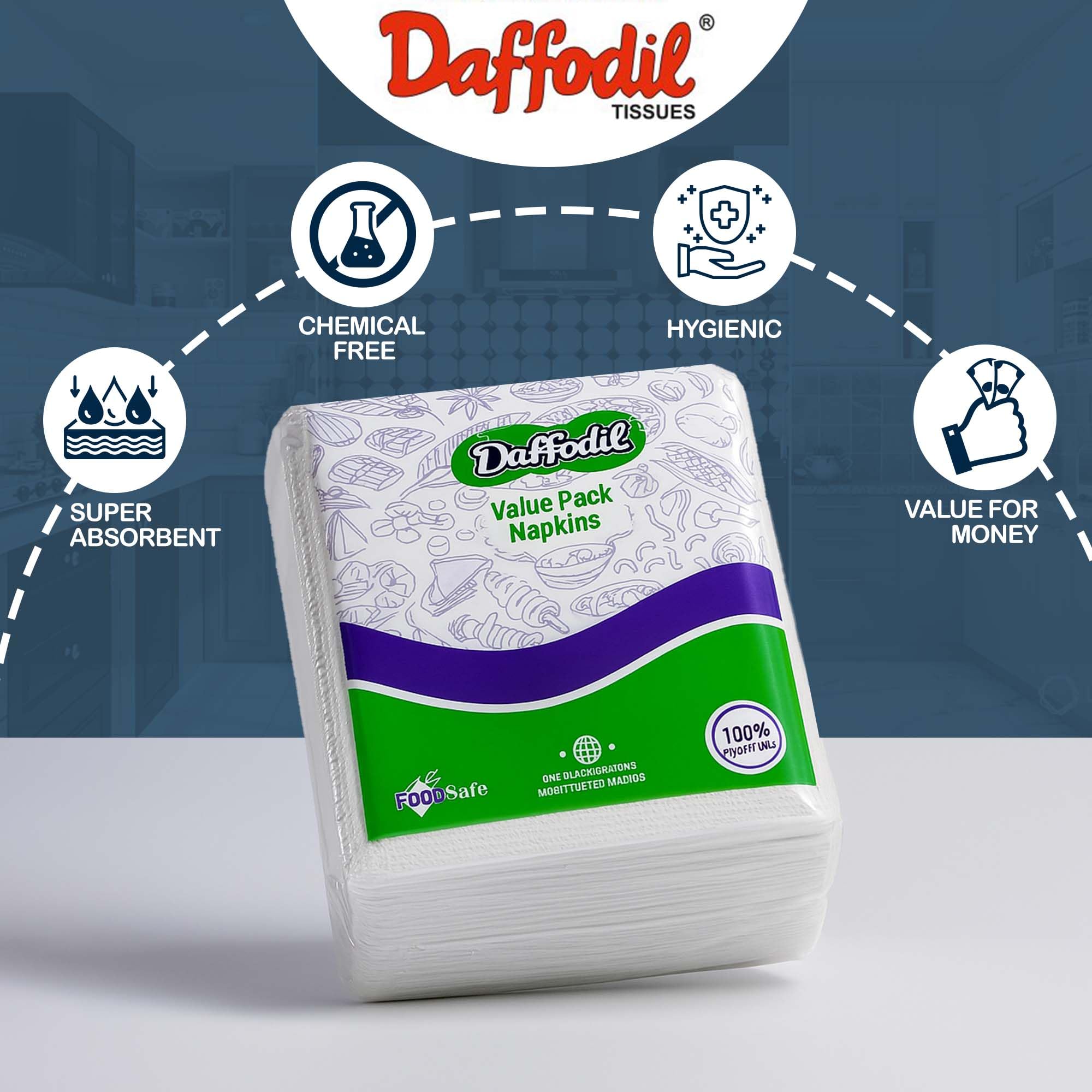 DAFFODIL Tissue Paper Napkins - 8 Packs (60 Pulls/Pack, Total 480 Pulls) Soft Tissue Paper, High Absorbent Paper Napkin, Perfect for Daily Use, Parties, and Dining Essentials. - Image 5 thumbnail