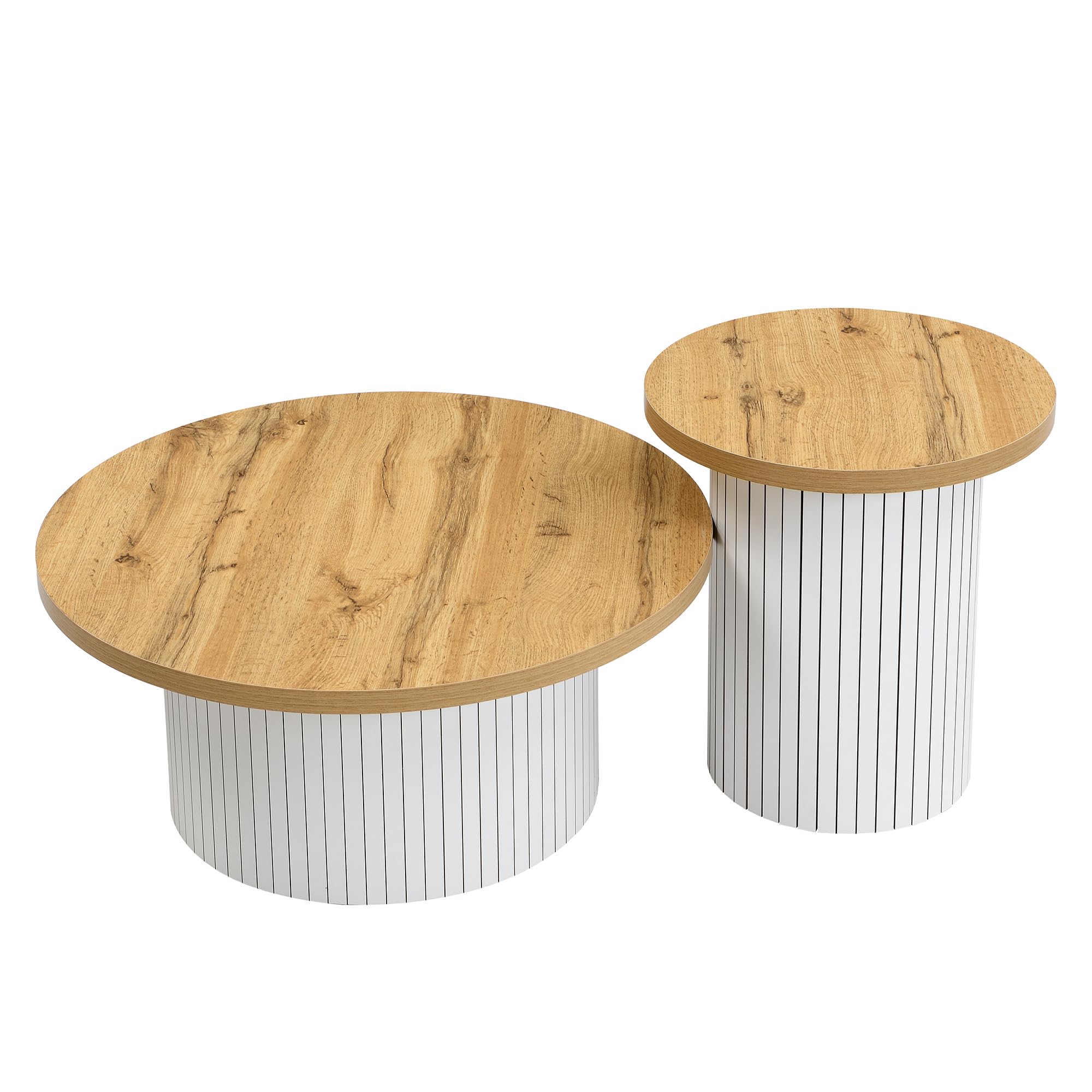 Mesa de centro, mesa redonda doble, mesa auxiliar con listones de madera natural. Mesa de salón multifuncional